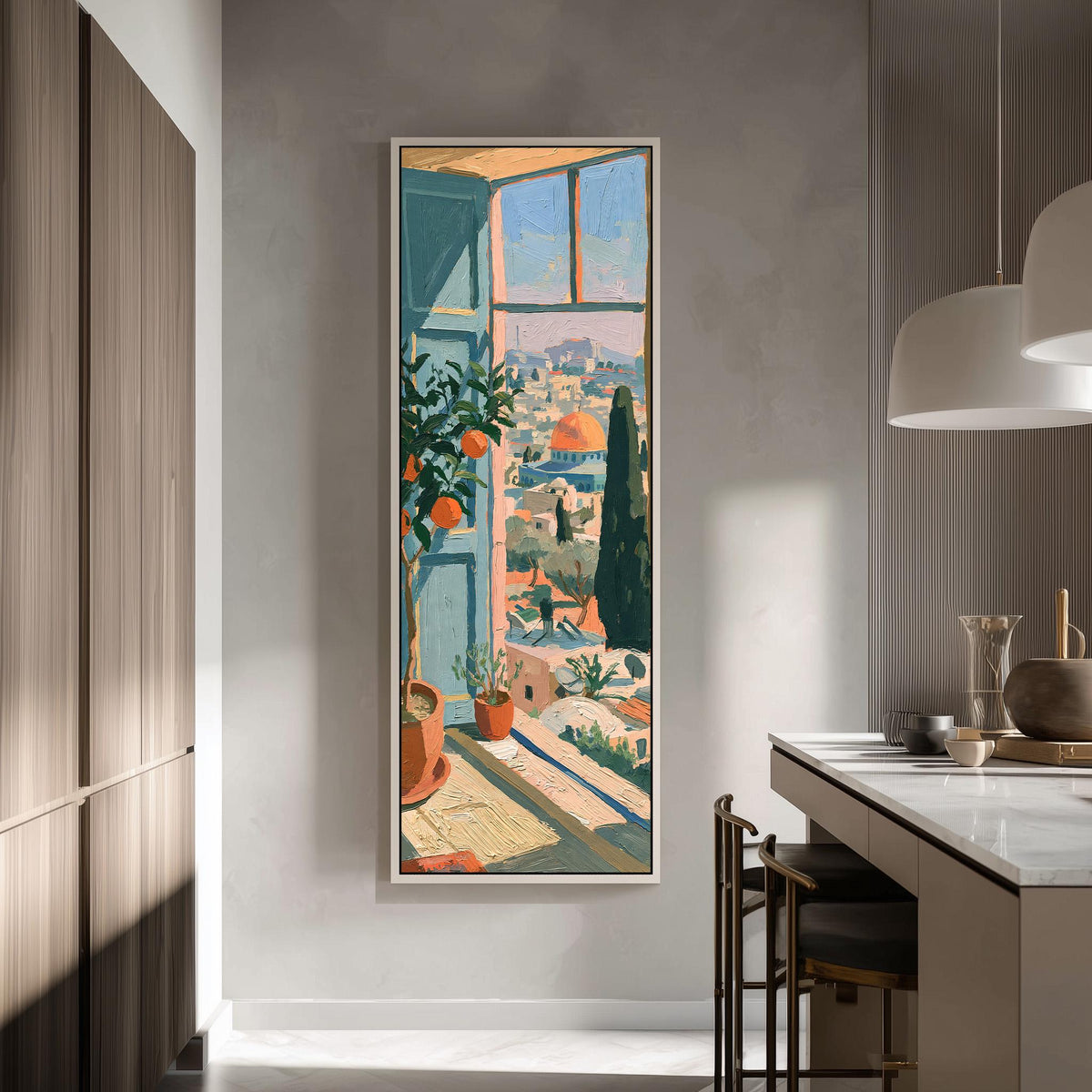 Window view over an old city with an orange tree tall skinny canvas print in a modern kitchen