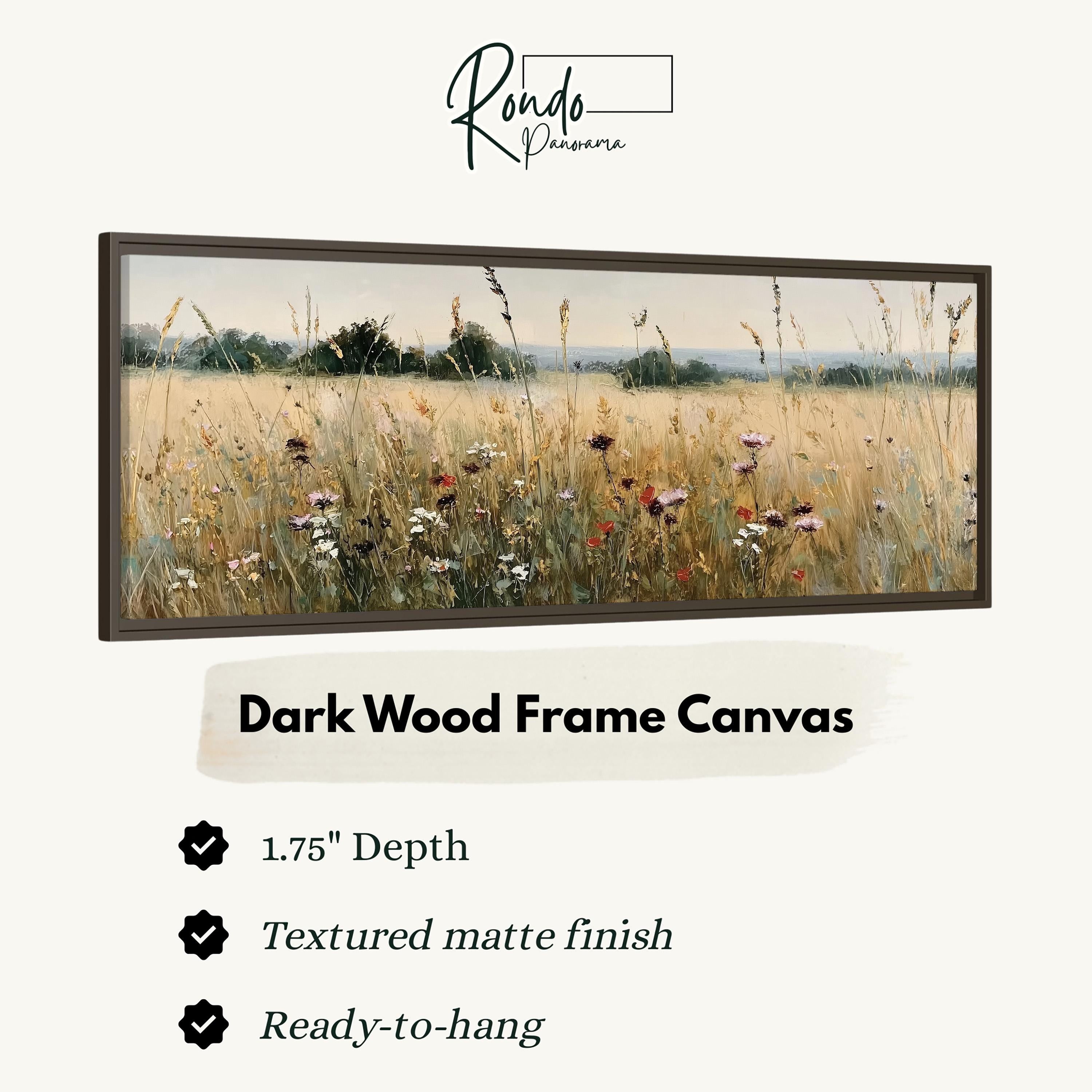 The image is a framed painting depicting a field of tall grass with wildflowers.