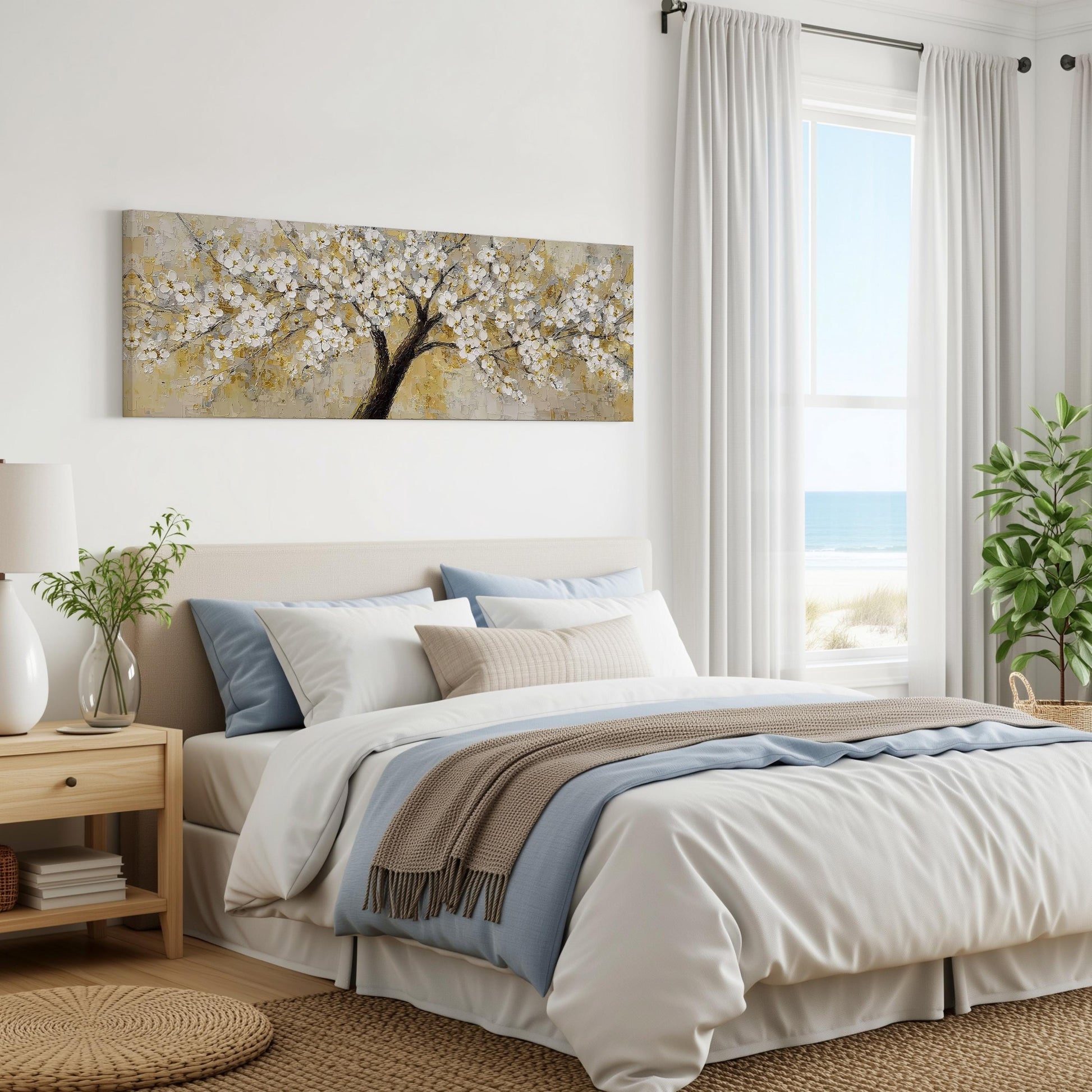 a serene bedroom with a large bed, a nightstand, and a painting of a tree with white flowers on the wall. The room has a calming and peaceful atmosphere, with natural light coming in through the window and a view of the ocean.