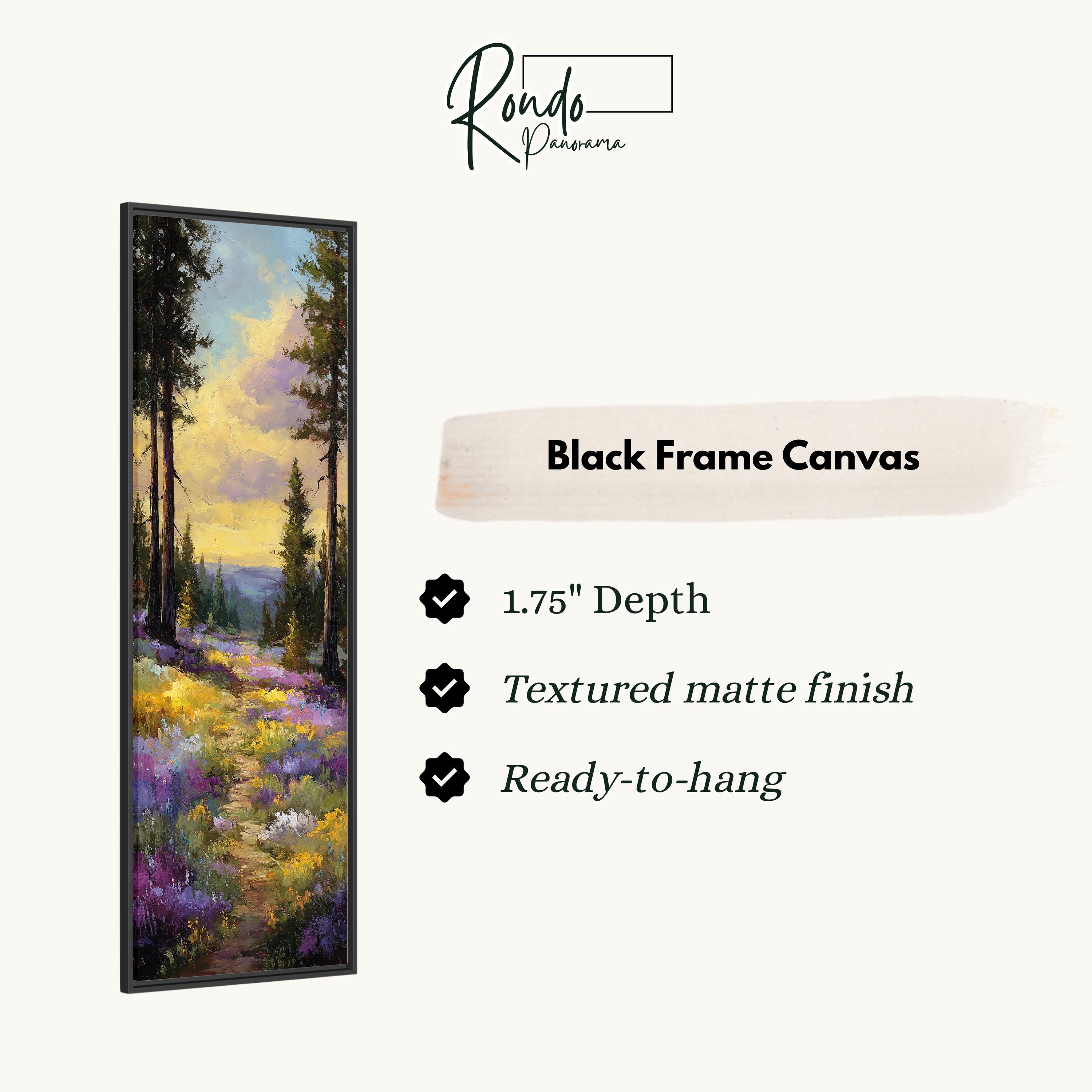 The image is a black frame canvas depicting a landscape with a path leading through a field of flowers and trees.