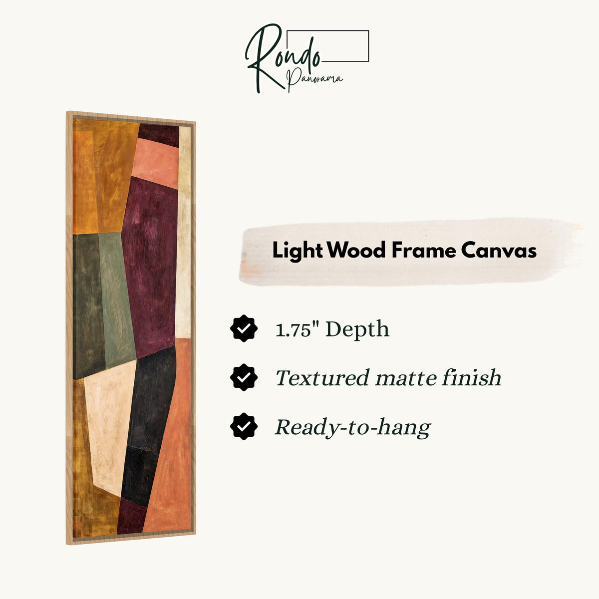 Angular blocks in mustard, maroon and blush canvas print in a light wood floating frame