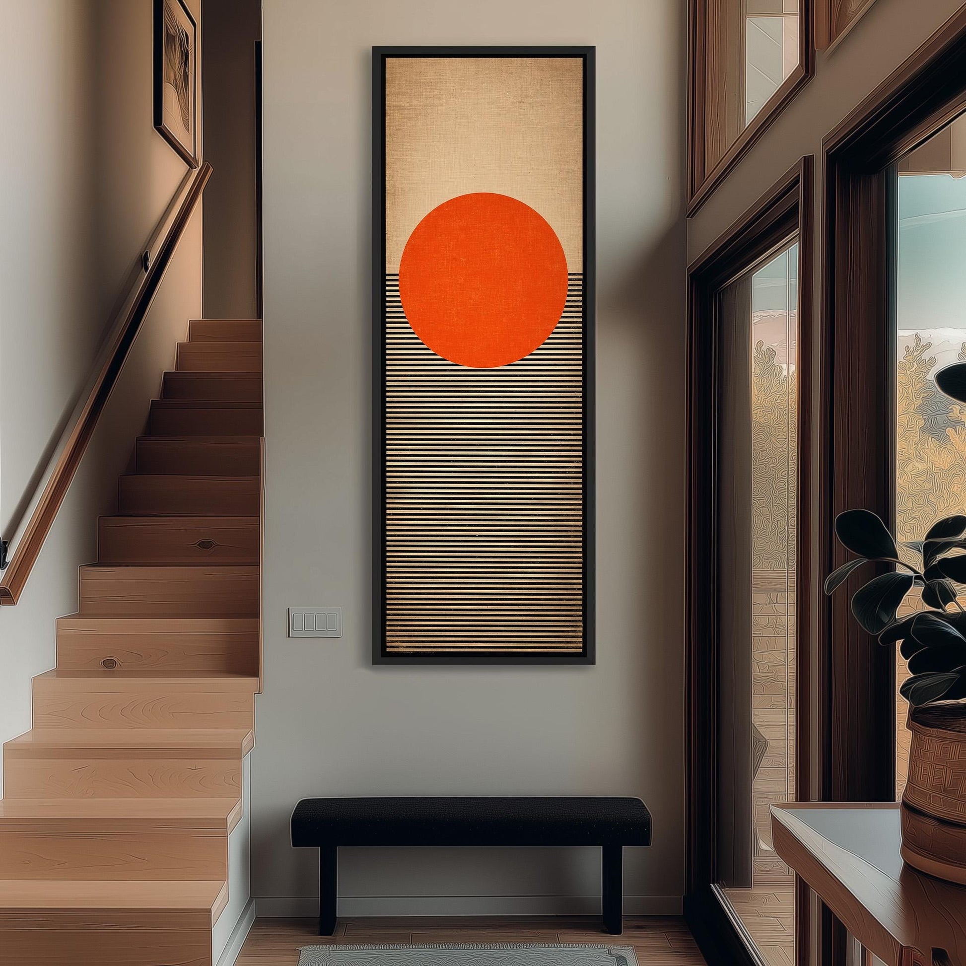 a modern and minimalist interior design with a large abstract painting hanging on the wall, a wooden staircase, and a black bench in the foreground.