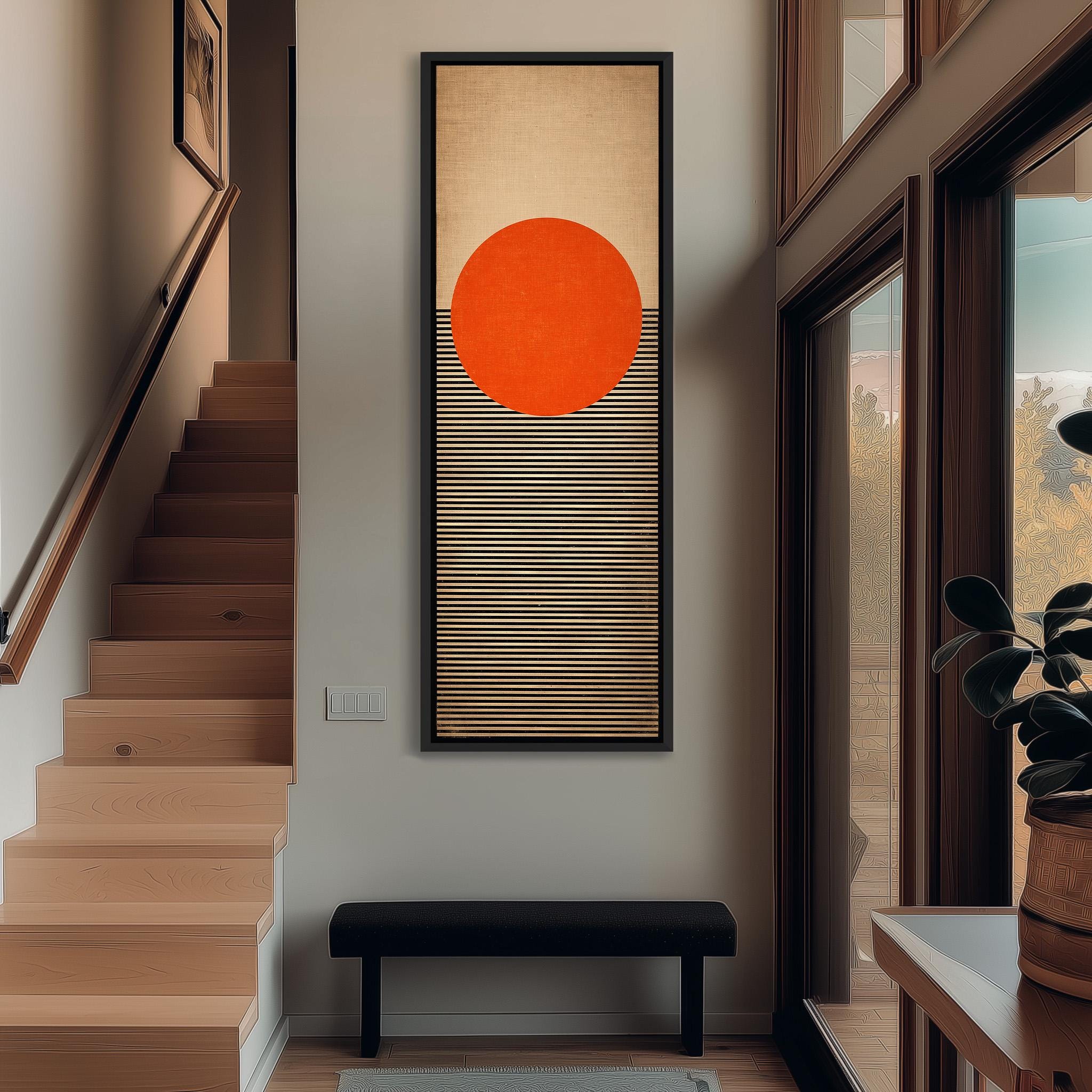 a modern and minimalist interior design with a large abstract painting hanging on the wall, a wooden staircase, and a black bench in the foreground.