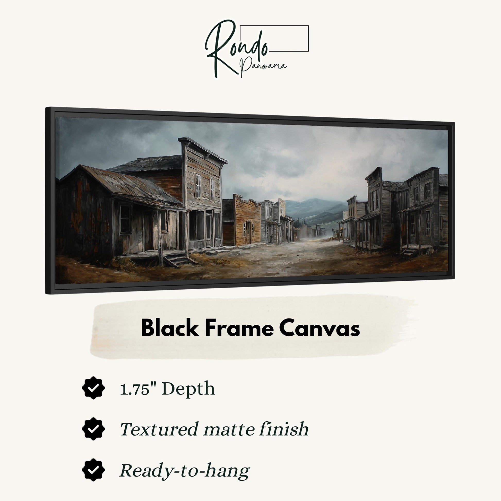 The image is a black frame canvas depicting a rural western town scene with old buildings, a dirt road, and a cloudy sky.