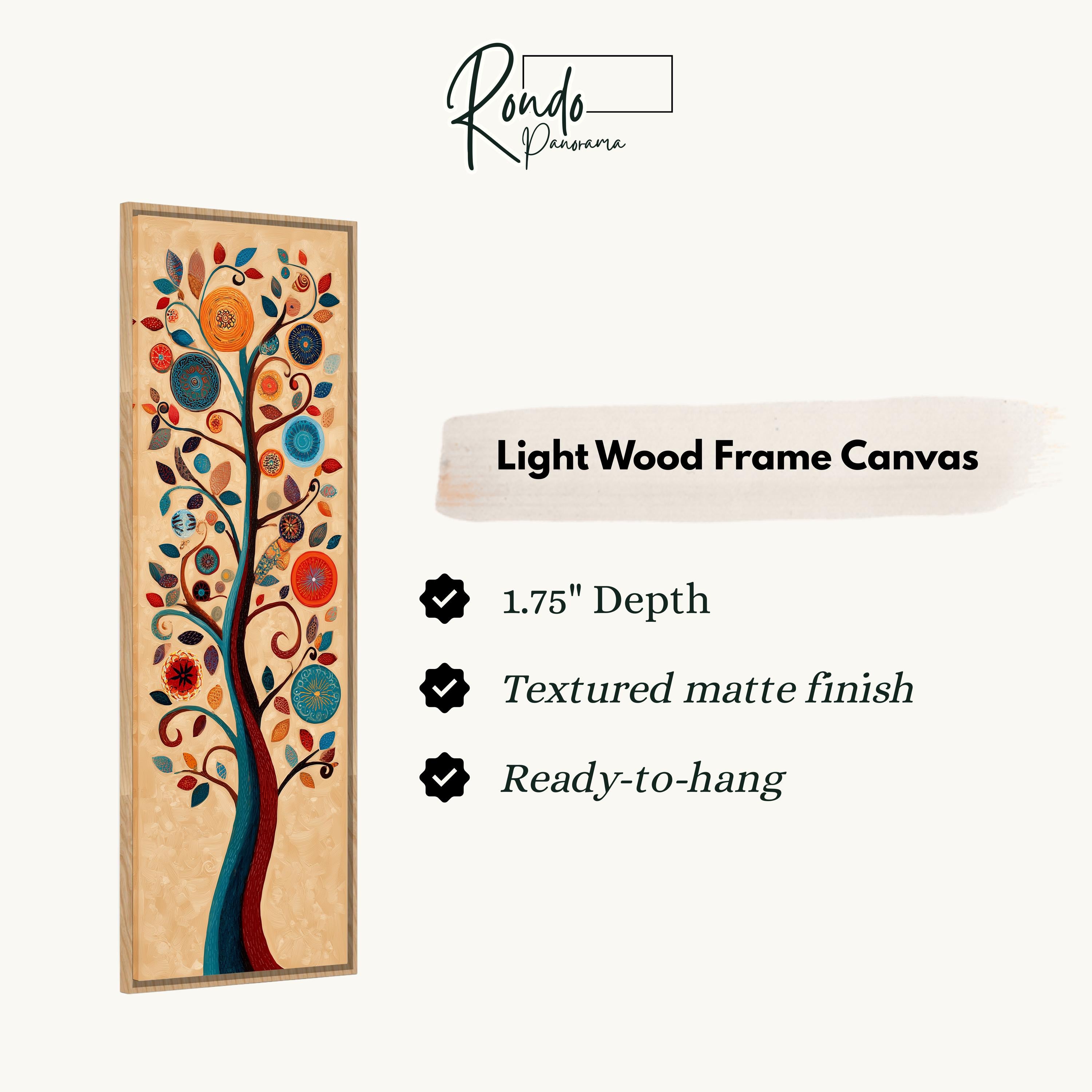 The image is a light wood frame canvas featuring a tree with a vibrant, colorful design.