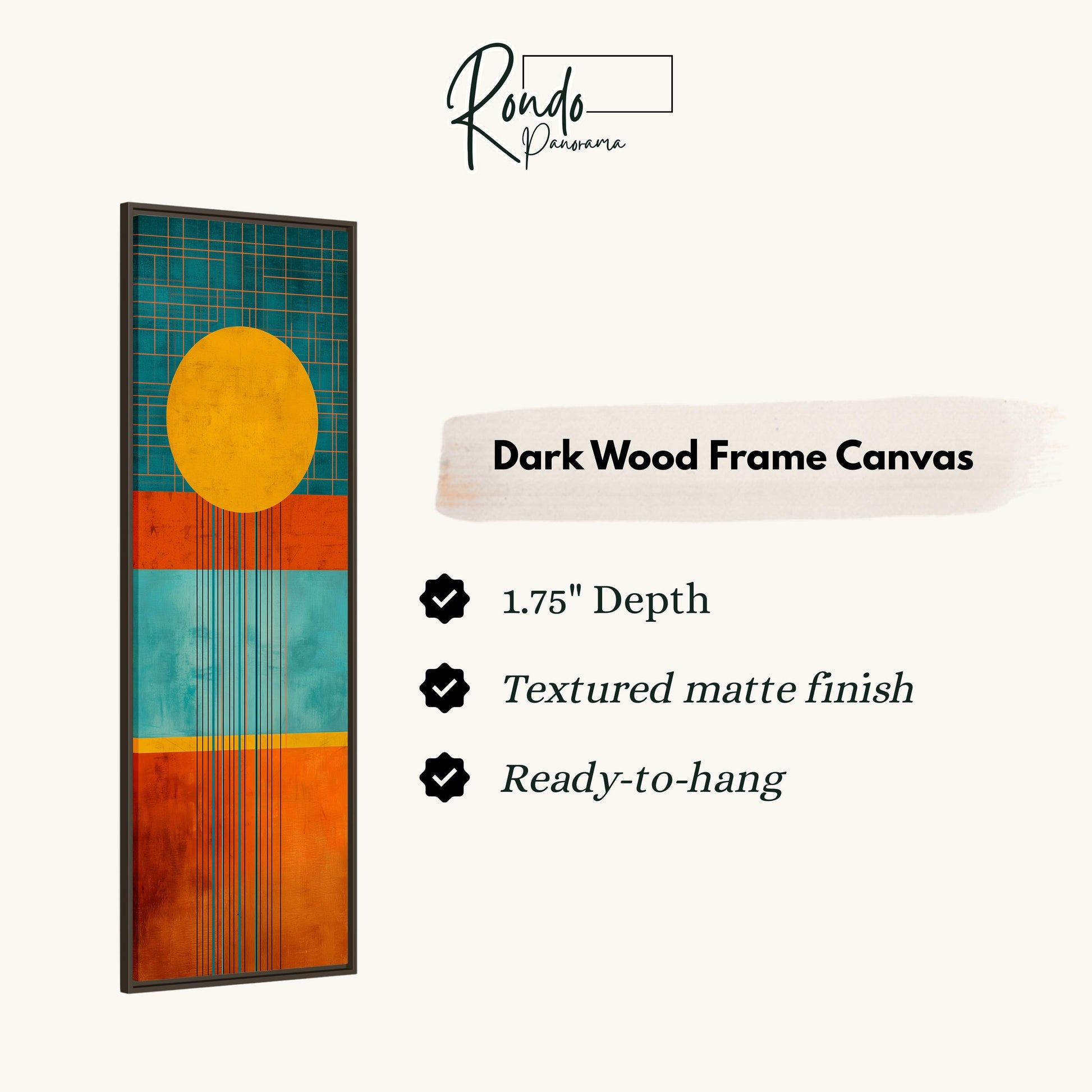 The image is a product description for a dark wood frame canvas. It features a vibrant abstract design with a yellow circle and orange and blue stripes. The canvas is described as having a 1.75" depth, a textured matte finish, and is ready to hang.