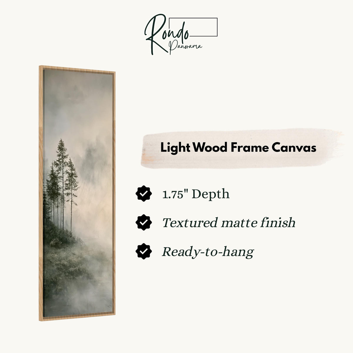 Monochrome pines in heavy mist canvas print in a light wood floating frame