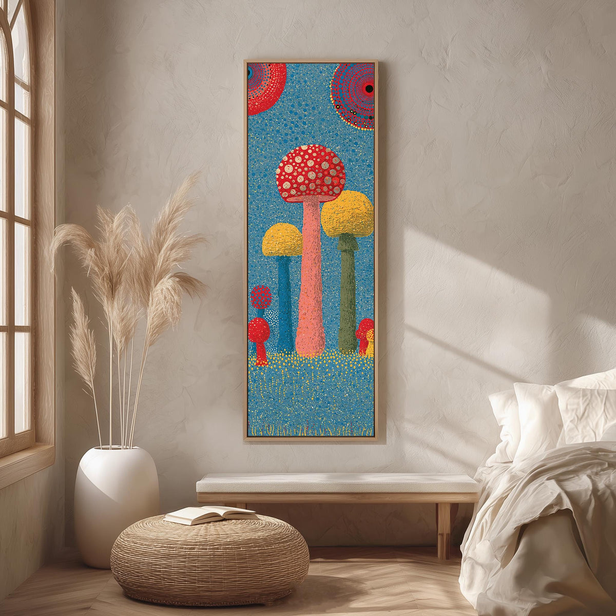 Mushrooms in a blue speckled meadow long vertical canvas print in a bright reading corner