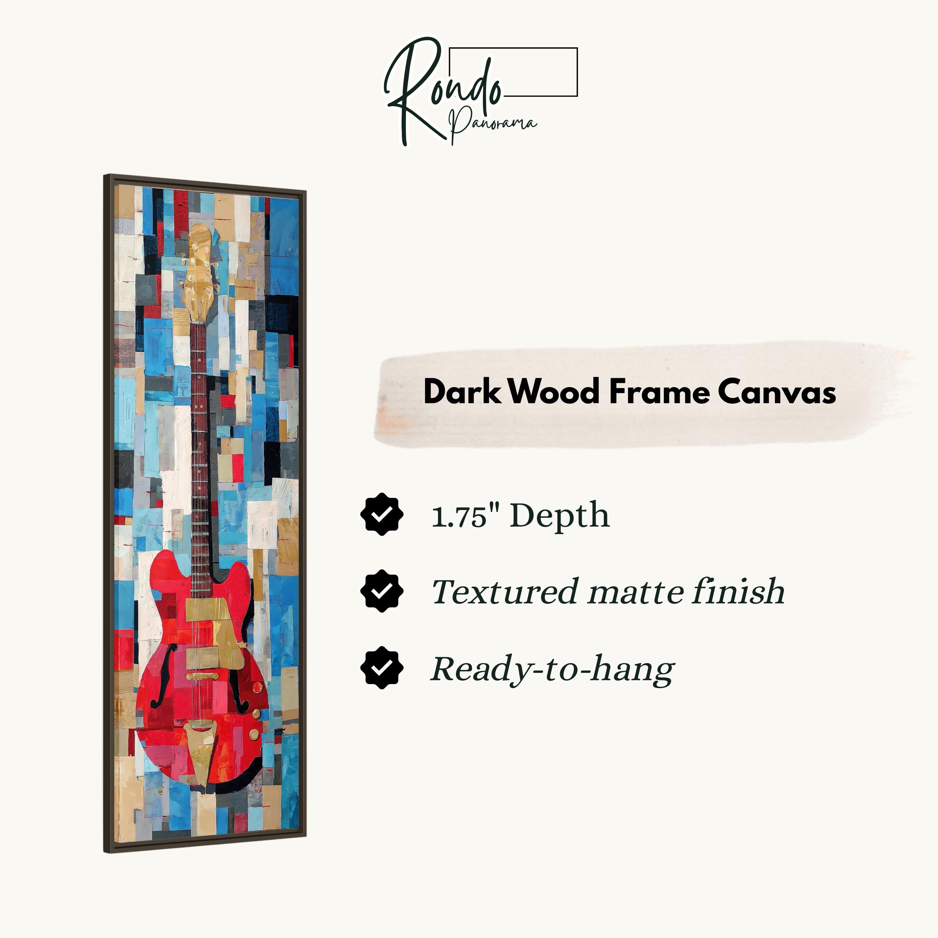The image is a dark wood frame canvas featuring a vibrant abstract painting of a red guitar. The canvas has a 1.75" depth, is textured with a matte finish, and is ready to hang.