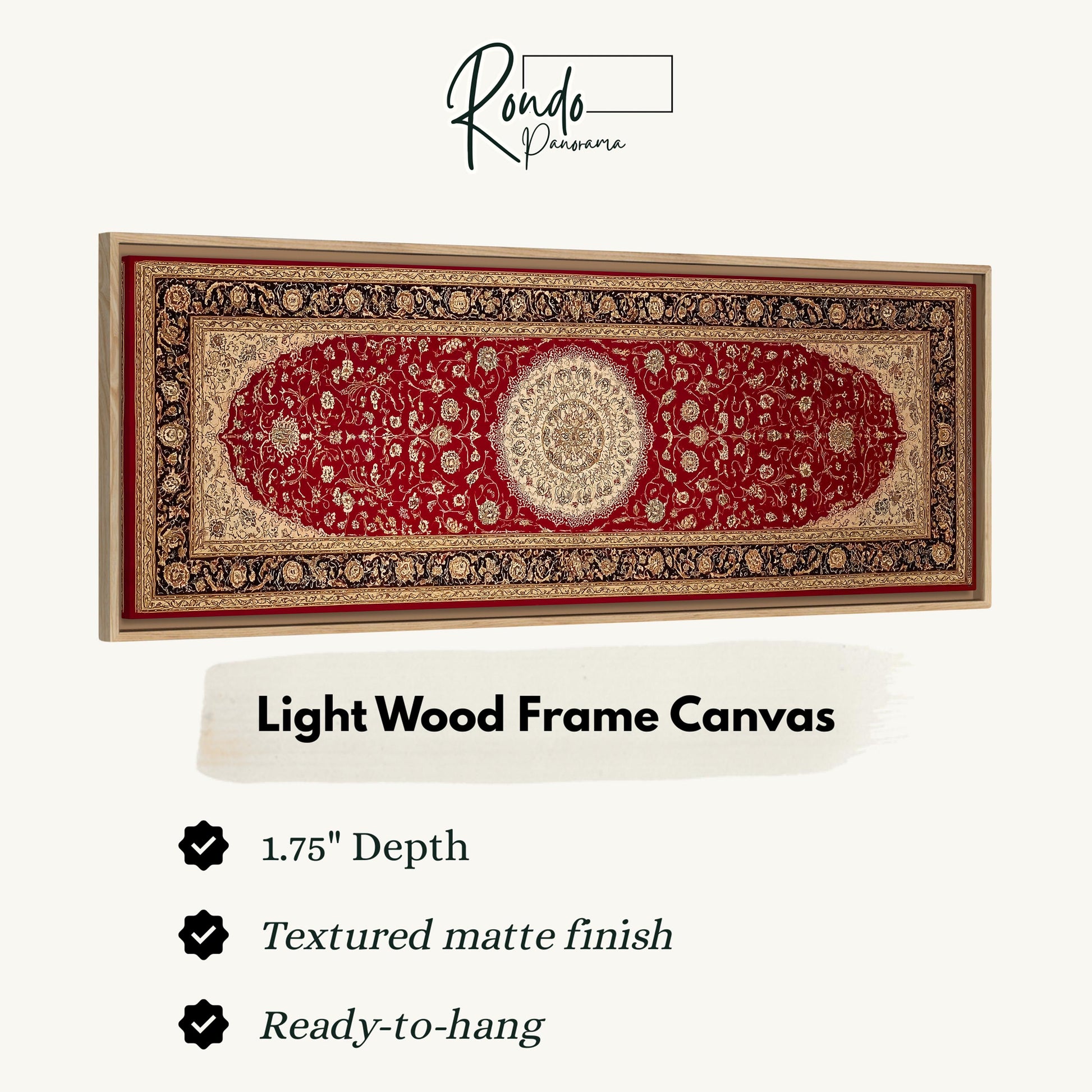 a large, light wood frame canvas with a red and gold patterned design. The frame is described as having a 1.75" depth, a textured matte finish, and is ready to hang.