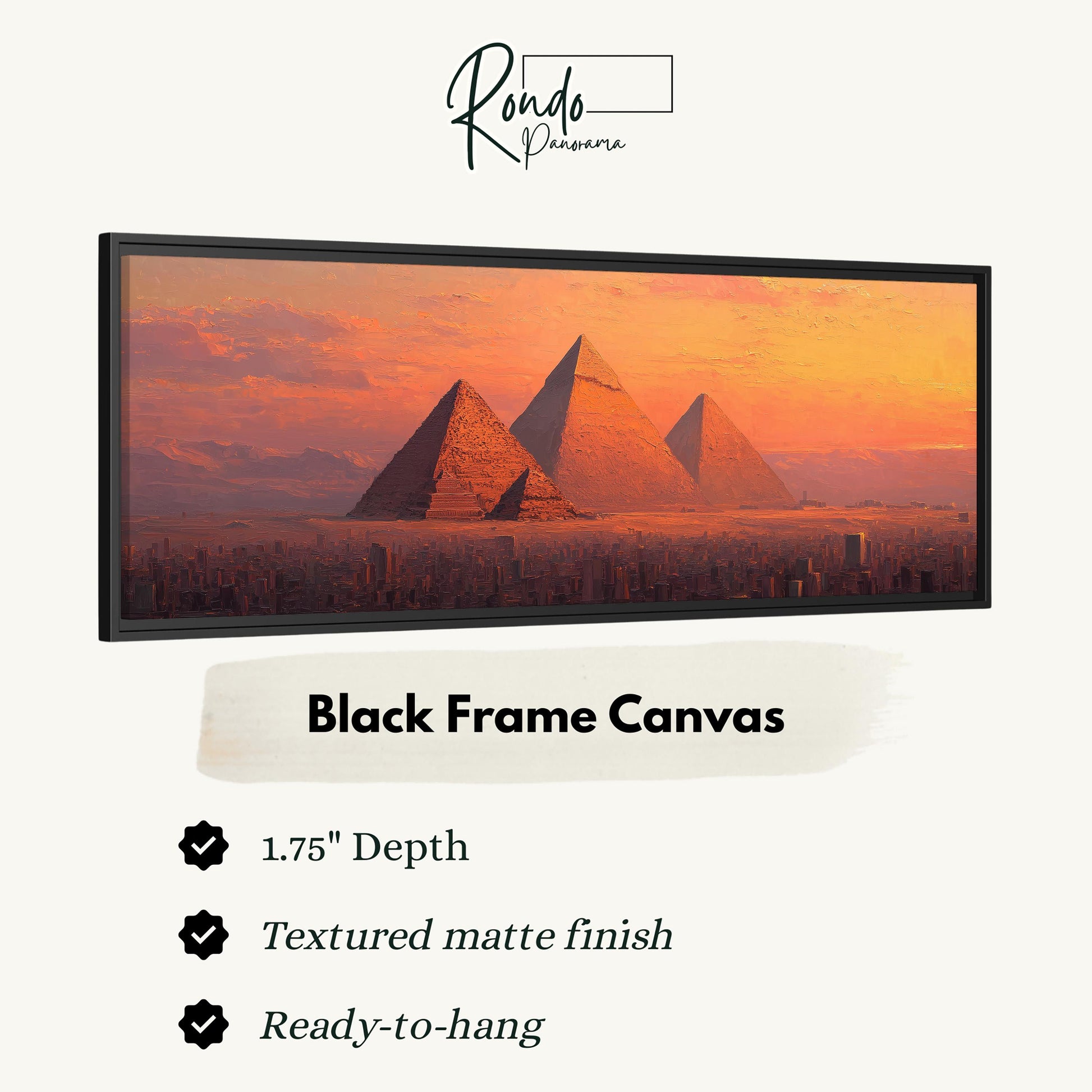 a black frame canvas with a painting of the pyramids of Giza in Egypt.