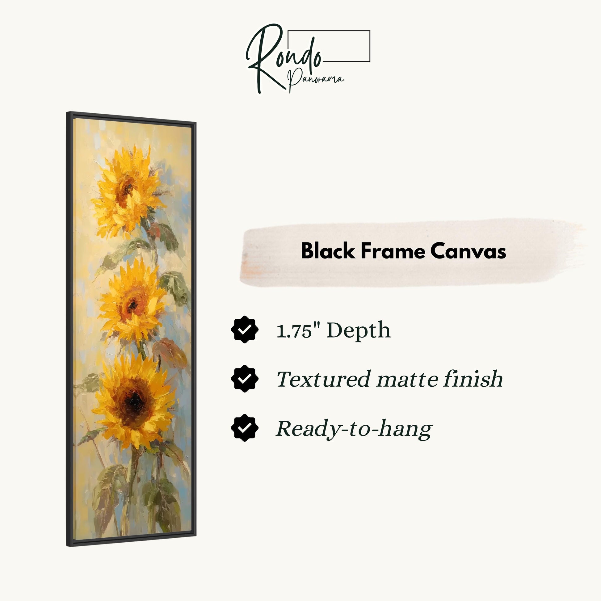 The image is a black frame canvas featuring a painting of three sunflowers.