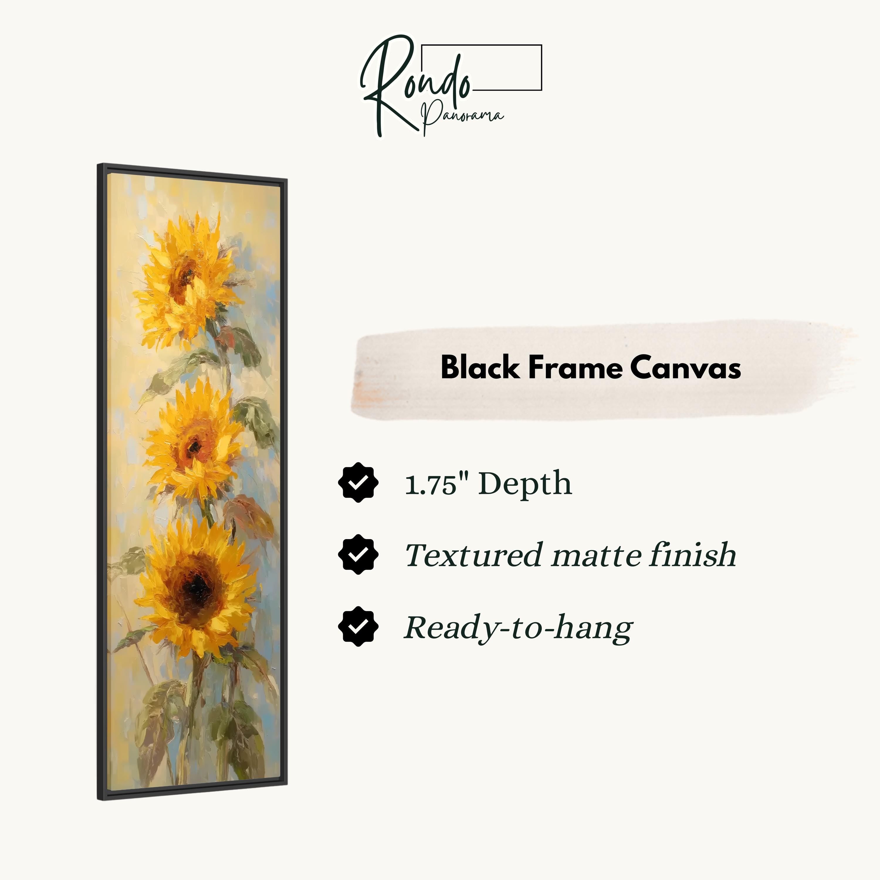 The image is a black frame canvas featuring a painting of three sunflowers.