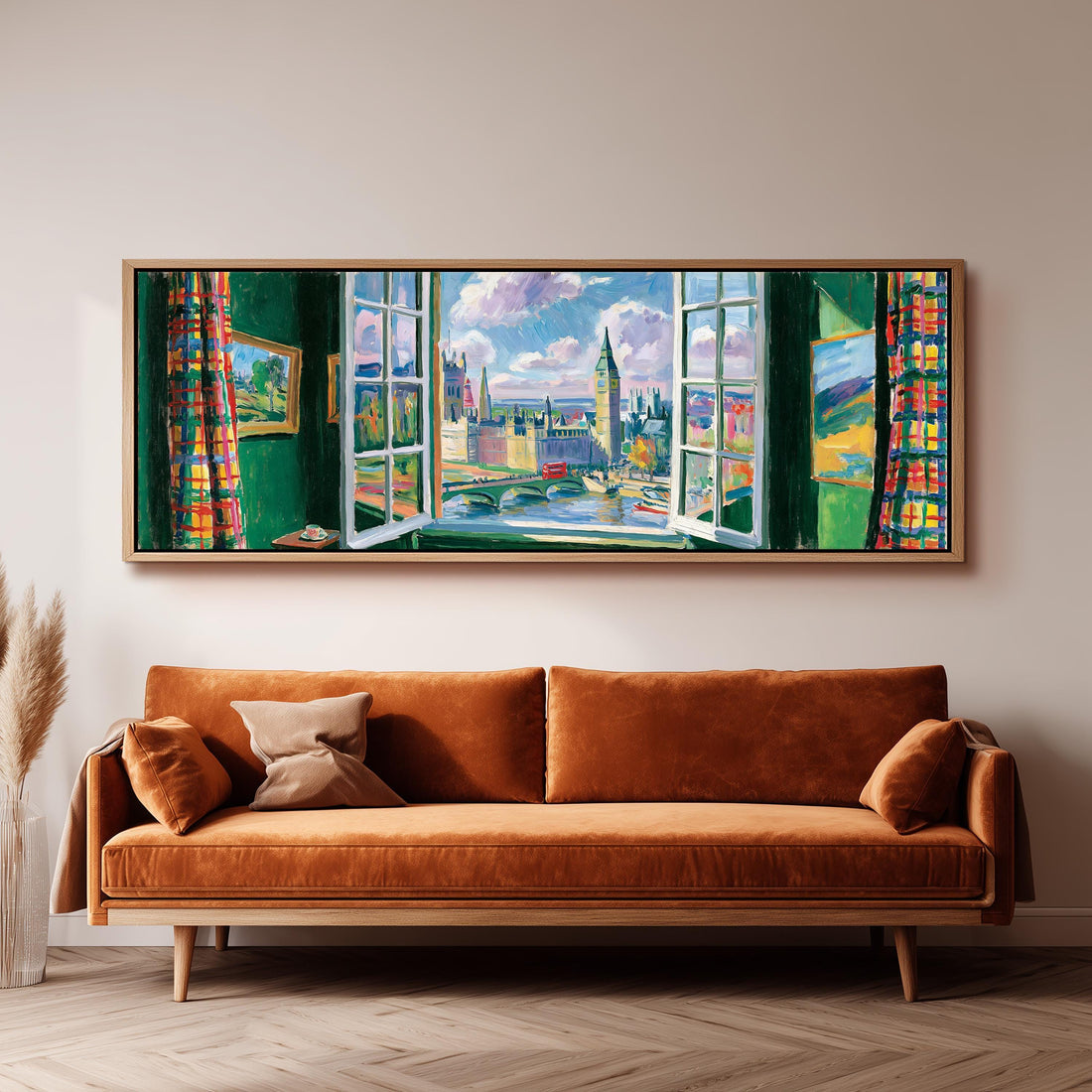 London and Big Ben through a green room window long horizontal canvas print above a sofa in a living room