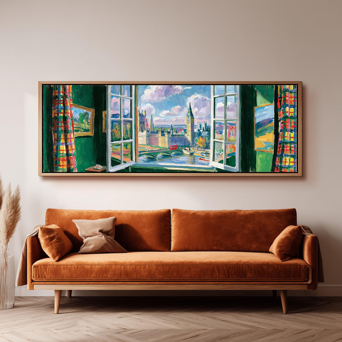 London and Big Ben through a green room window panoramic canvas print above a sofa in a living room