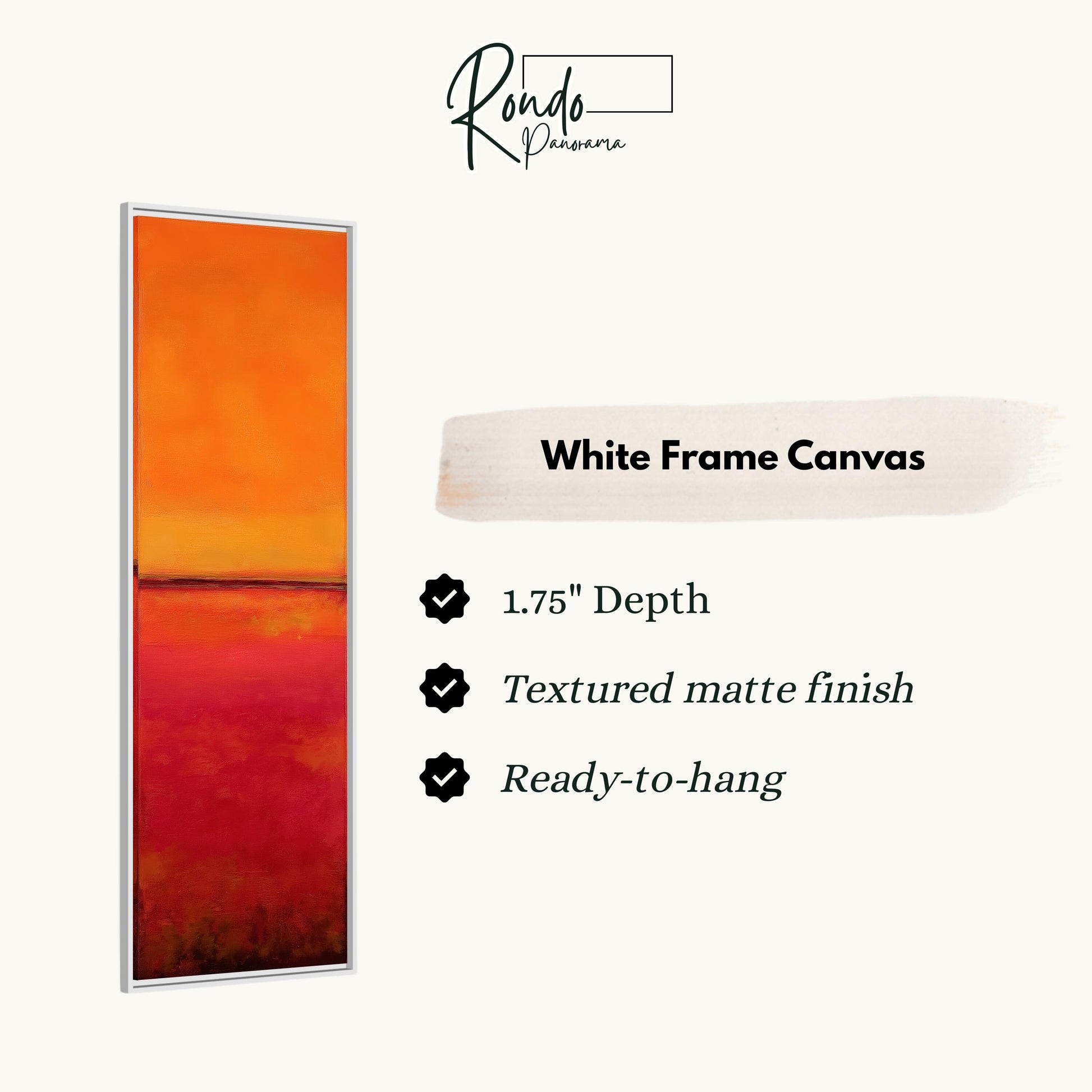 The image is a product description for a white frame canvas. It features a vertical image of a red and orange gradient, with a text box providing details about the product.