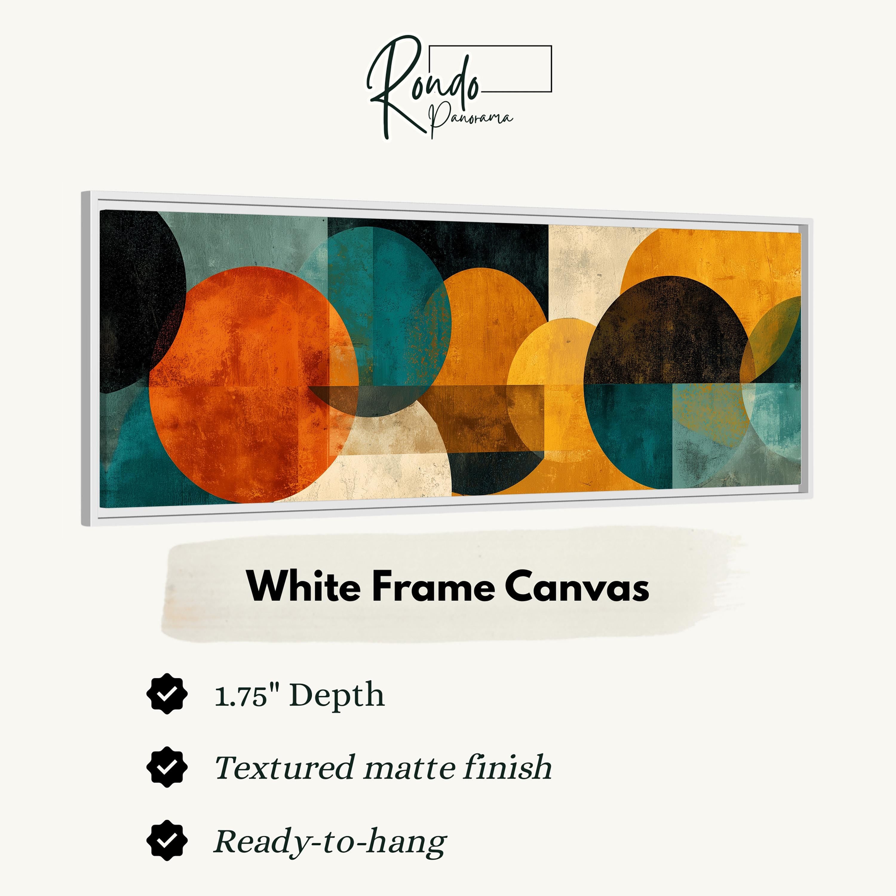 The image is a white frame canvas with a geometric abstract design featuring overlapping circles in various colors such as orange, green, and black.