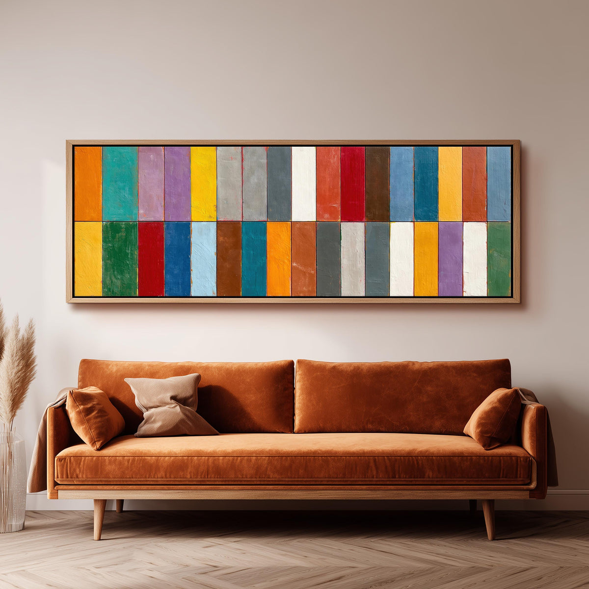 Bright color block rows long horizontal canvas print above a sofa in a living room