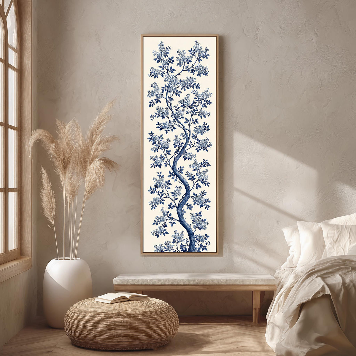 Blue chinoiserie blossom branch on cream long vertical canvas print in a bright reading corner