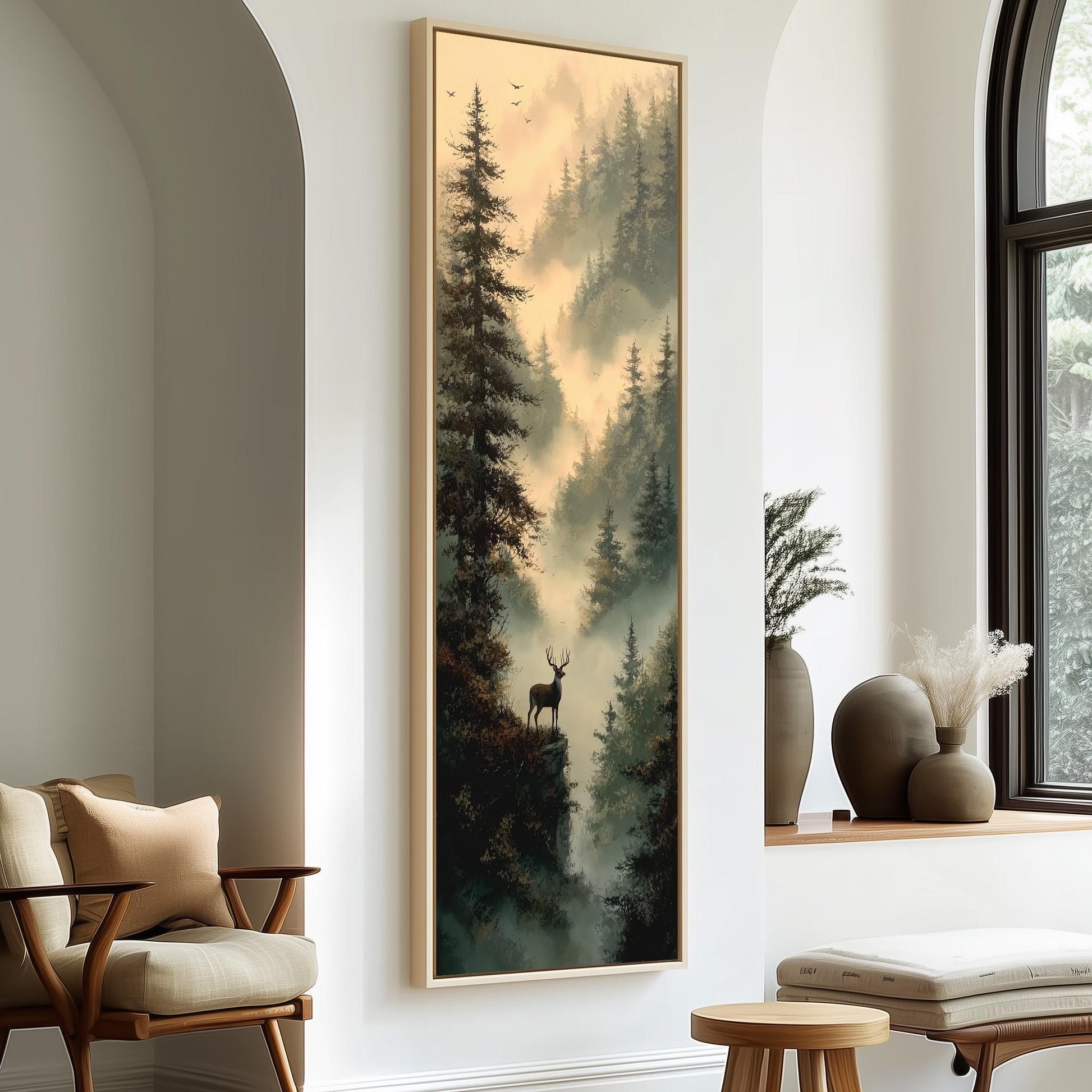 a large painting of a forest scene with a deer standing in the center, hanging on a wall in a room with a window and a wooden chair.