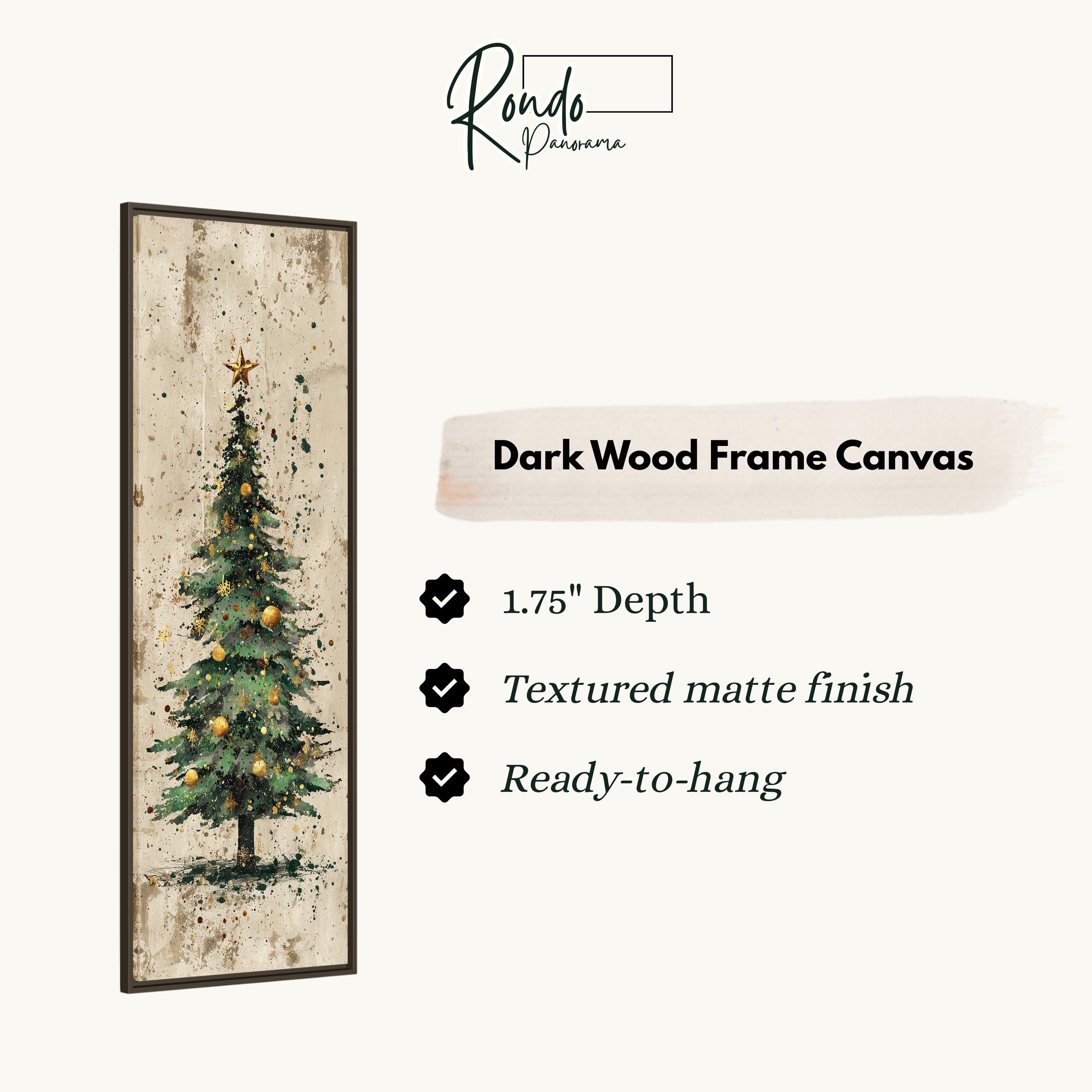 The image is a dark wood frame canvas featuring a Christmas tree with a star on top.