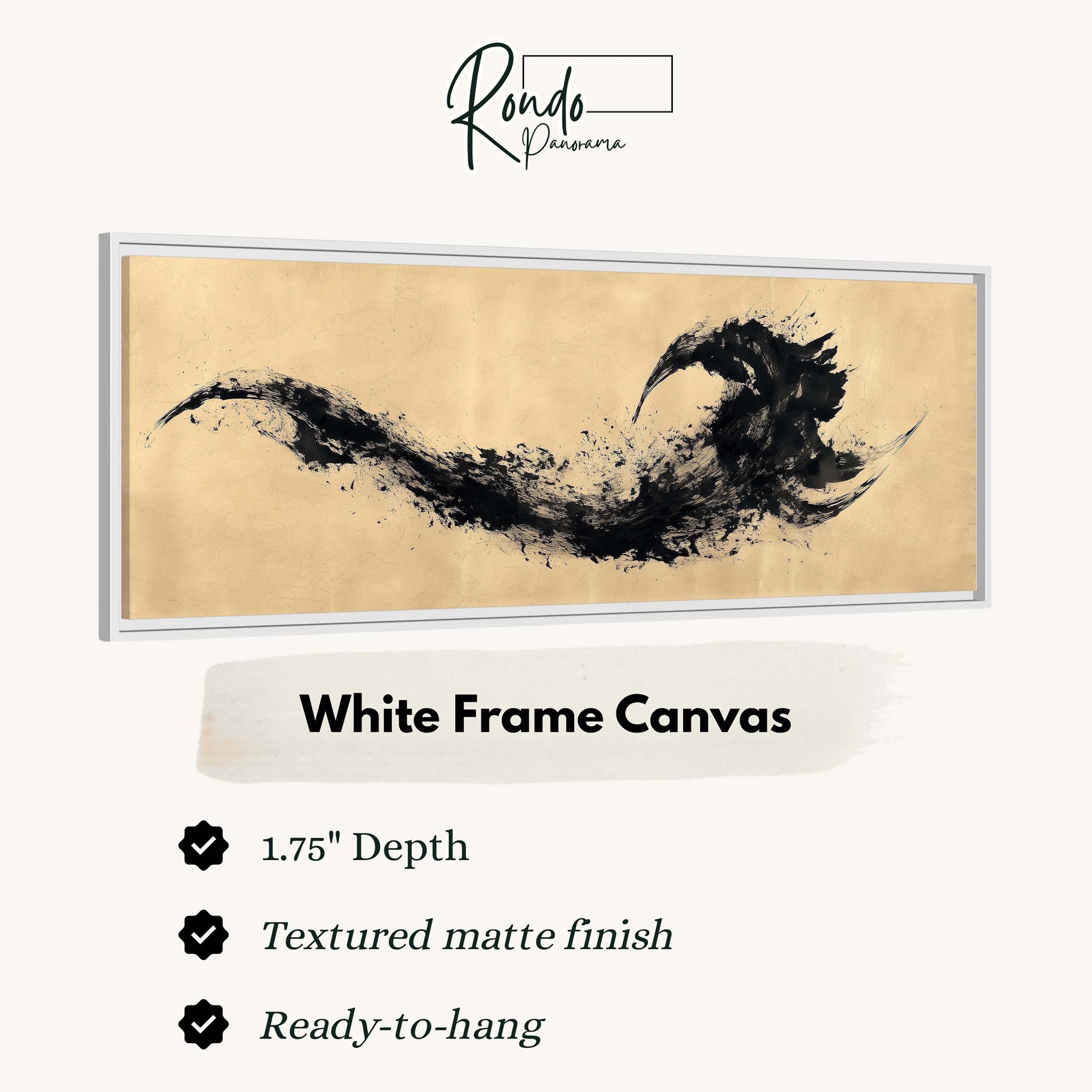 The image is a framed artwork featuring a black abstract design with a textured finish. The artwork is described as a "White Frame Canvas" with a 1.75" depth and a "Textured matte finish". It is ready to hang and is described as a "Ready-to-hang".
