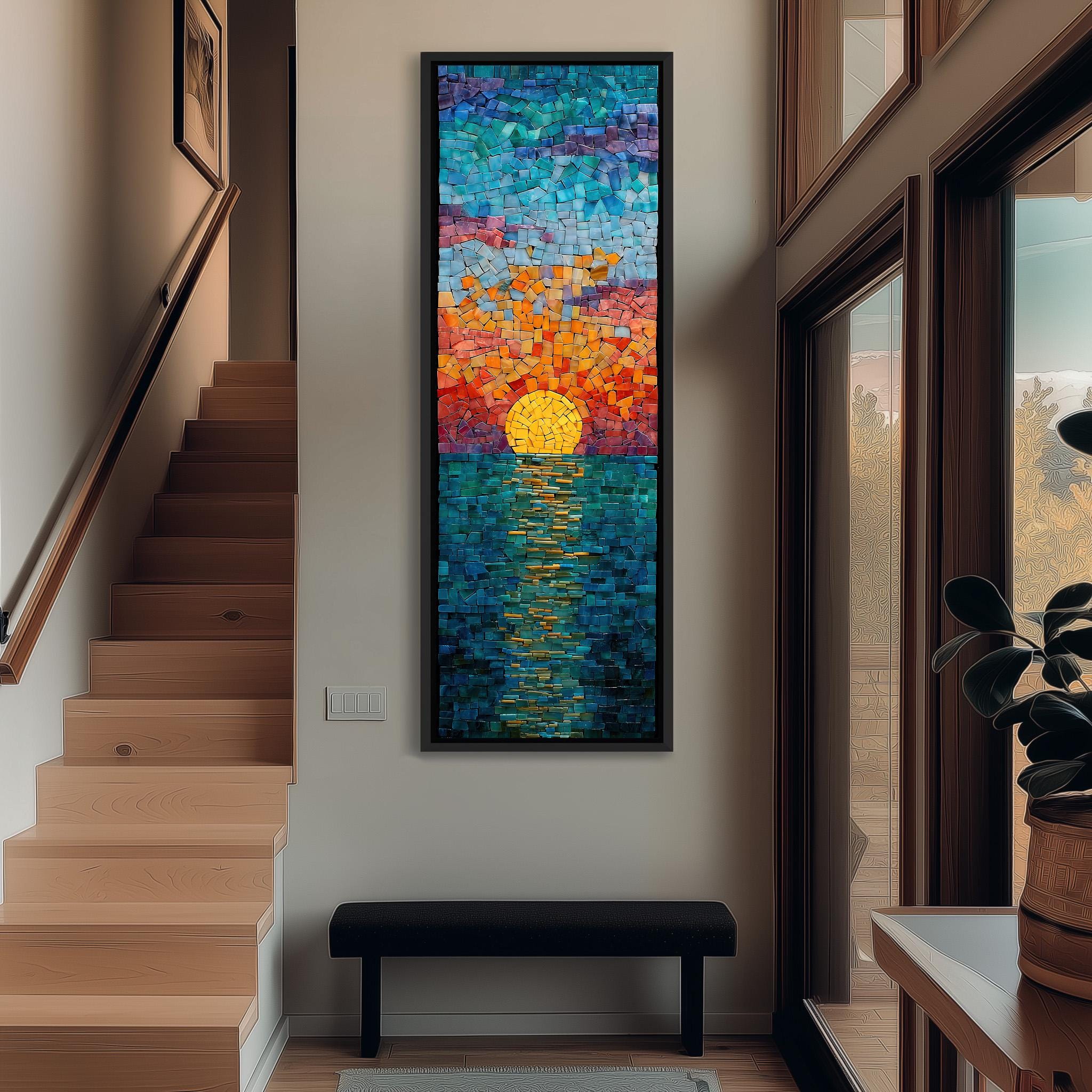 a large, colorful mosaic artwork depicting a sunset over a body of water, hanging on the wall of a hallway.
