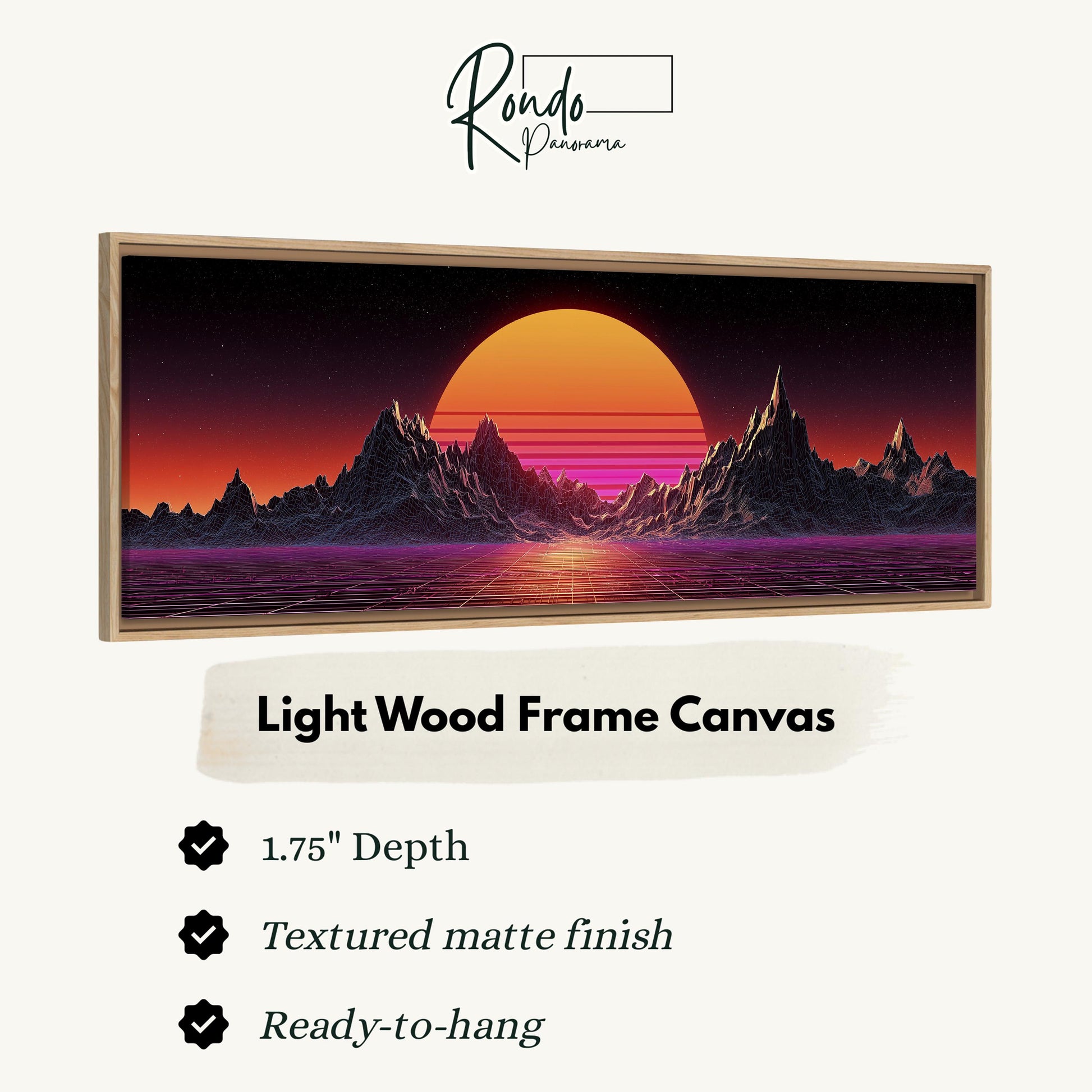 The image is a light wood frame canvas depicting a sunset over mountains with a gradient of orange and purple colors.