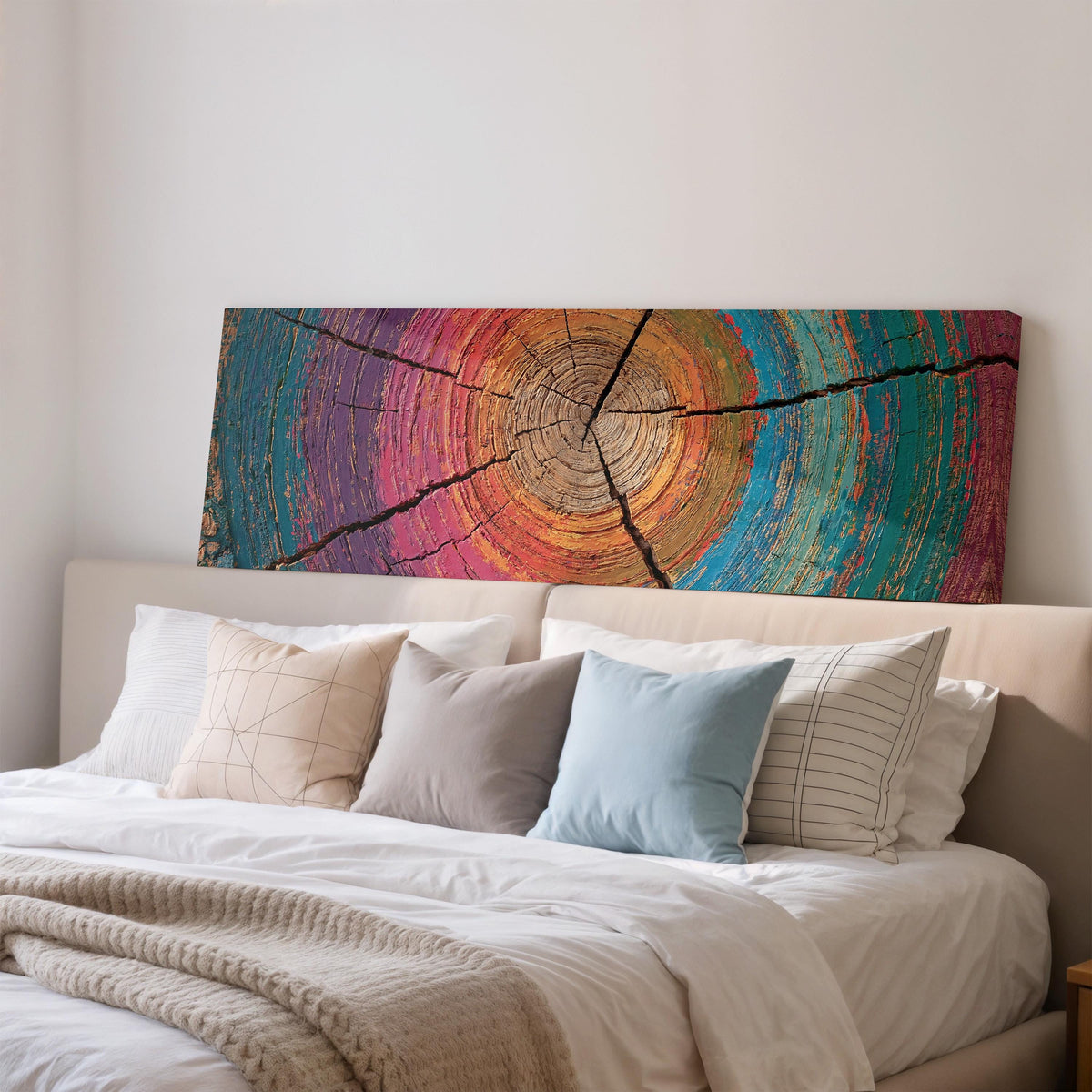 Rainbow tree ring wide panoramic canvas print above a bed in a bedroom