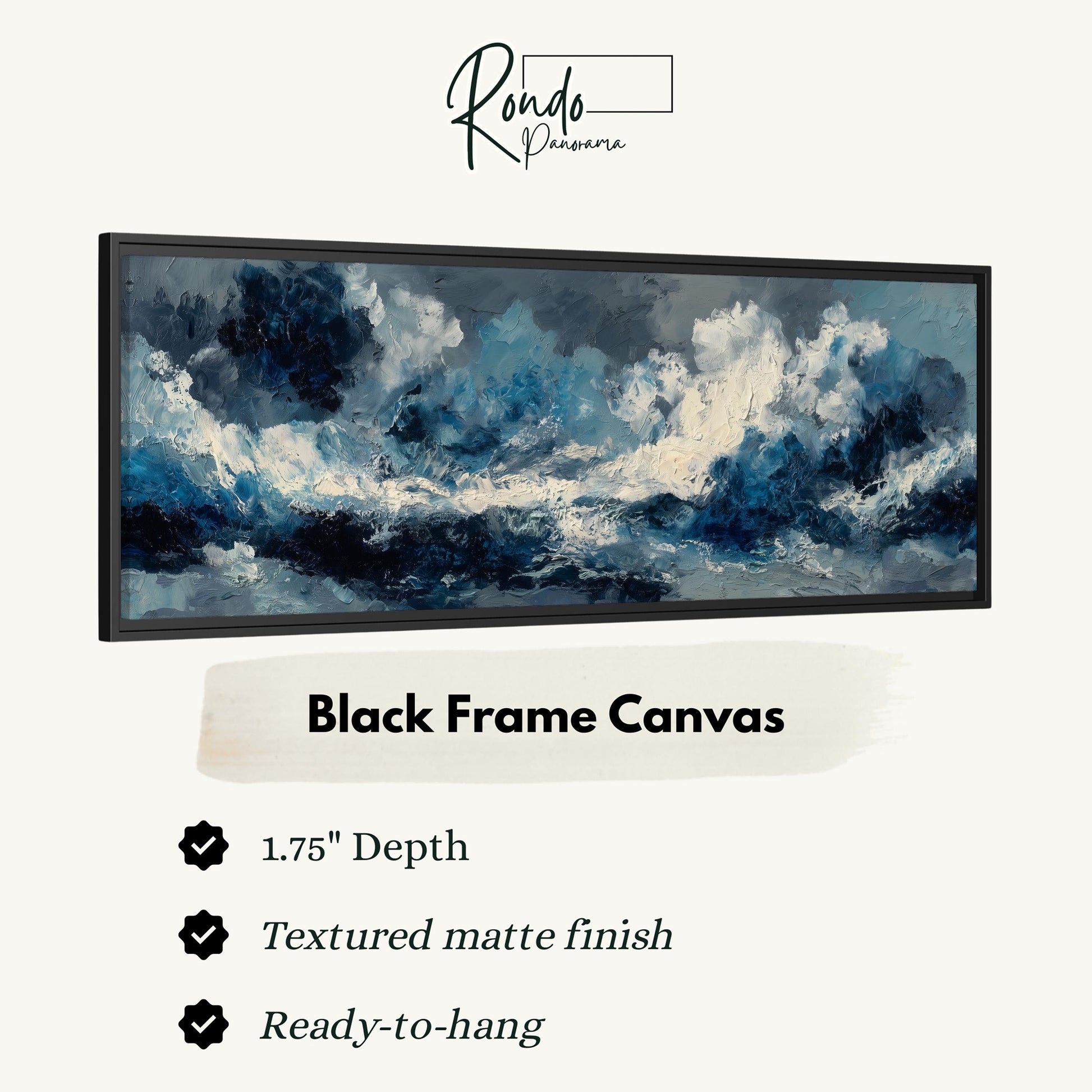 The image is a black frame canvas depicting a stormy sea with large waves and dark blue and white colors.