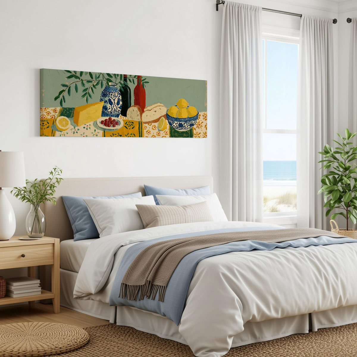 Cheese, wine and lemon spread panoramic canvas print above a bed in a coastal bedroom