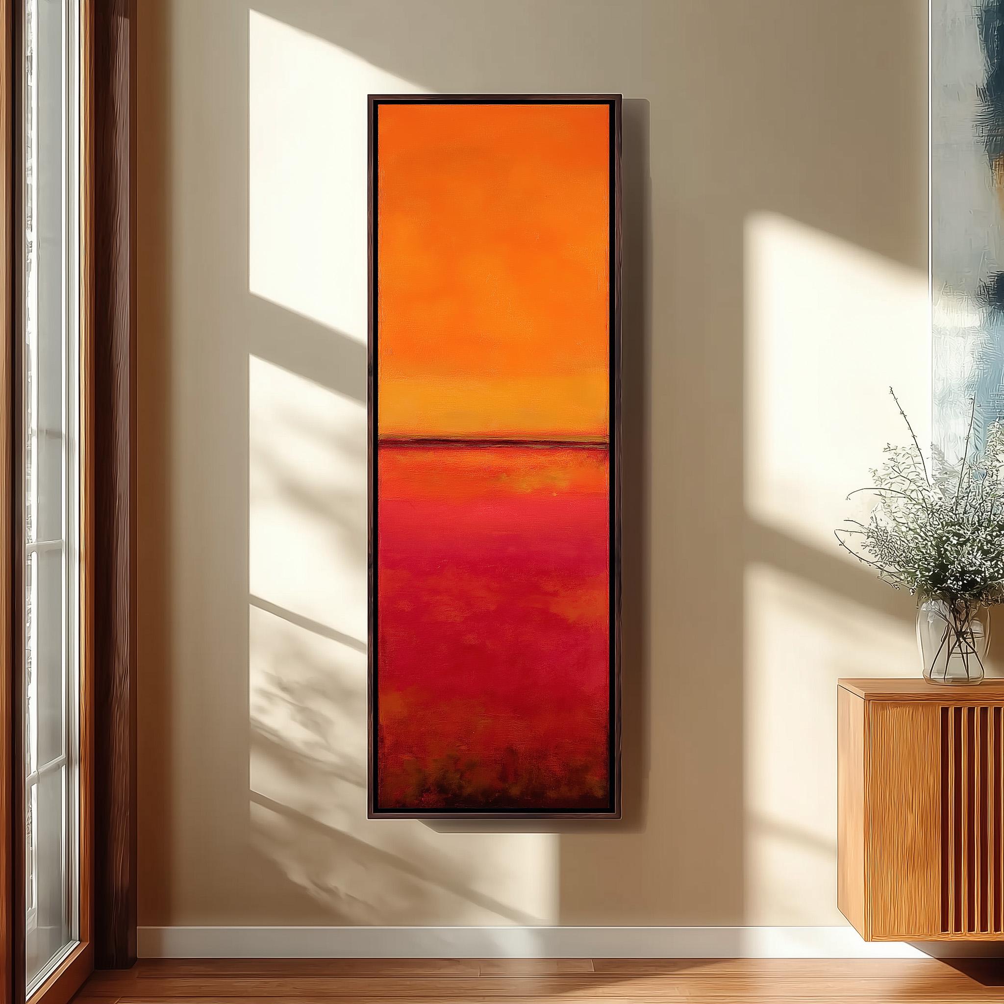a large, vibrant abstract painting hanging on a wall, with a wooden cabinet and a vase of flowers to the right of the painting.