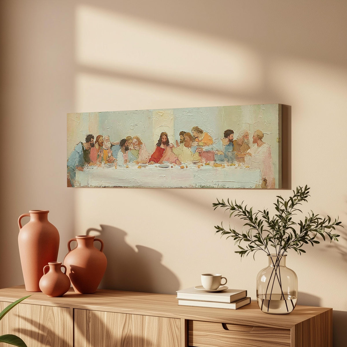 The Last Supper in a classic style long horizontal canvas print above a wooden sideboard