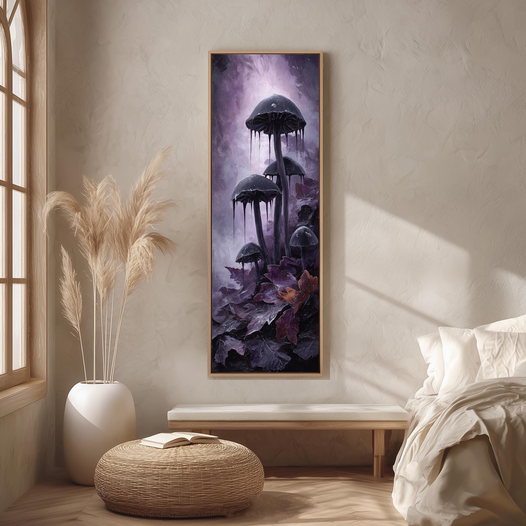 a large painting of mushrooms hanging on a wall in a room with a bed, a potted plant, and a woven ottoman.
