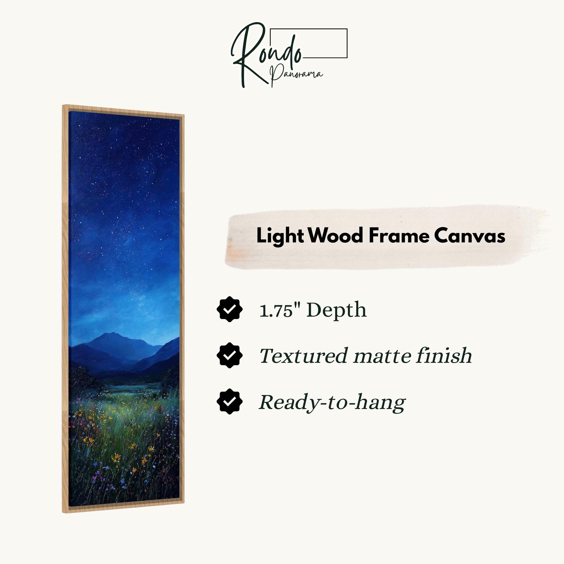 The image is a vertical wooden frame canvas depicting a night sky with stars and a field of flowers.