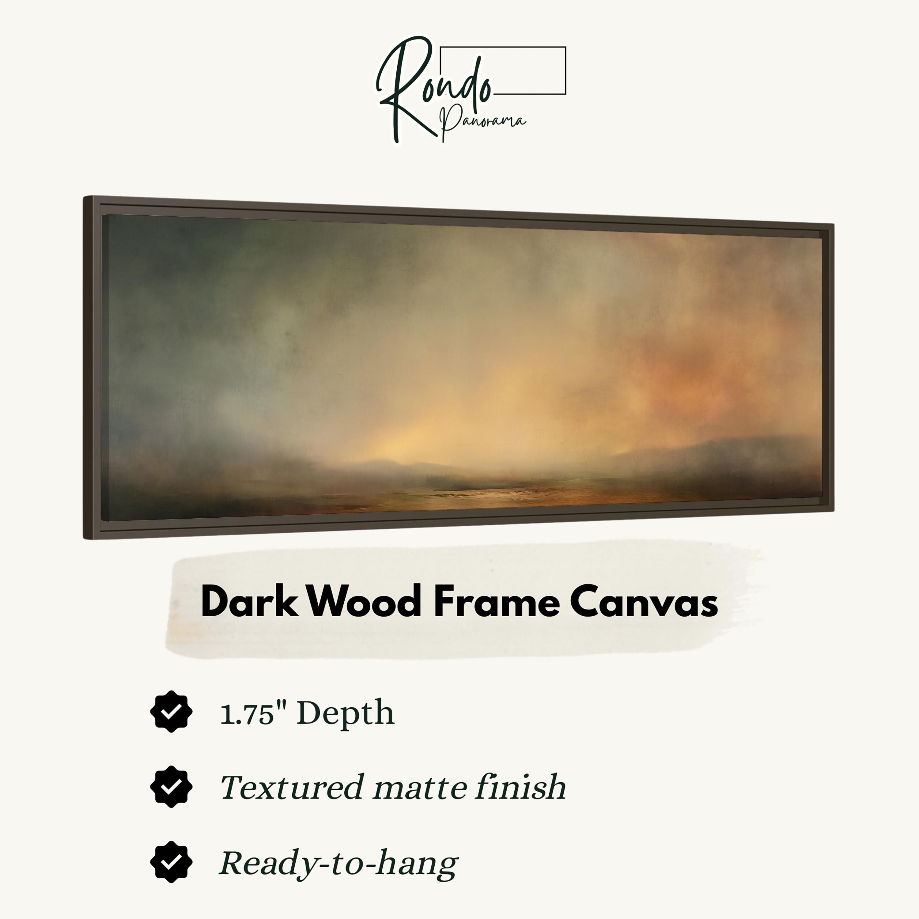 The image is a dark wood frame canvas with a textured matte finish, measuring 1.75" in depth. It is ready to hang and has a textured matte finish.