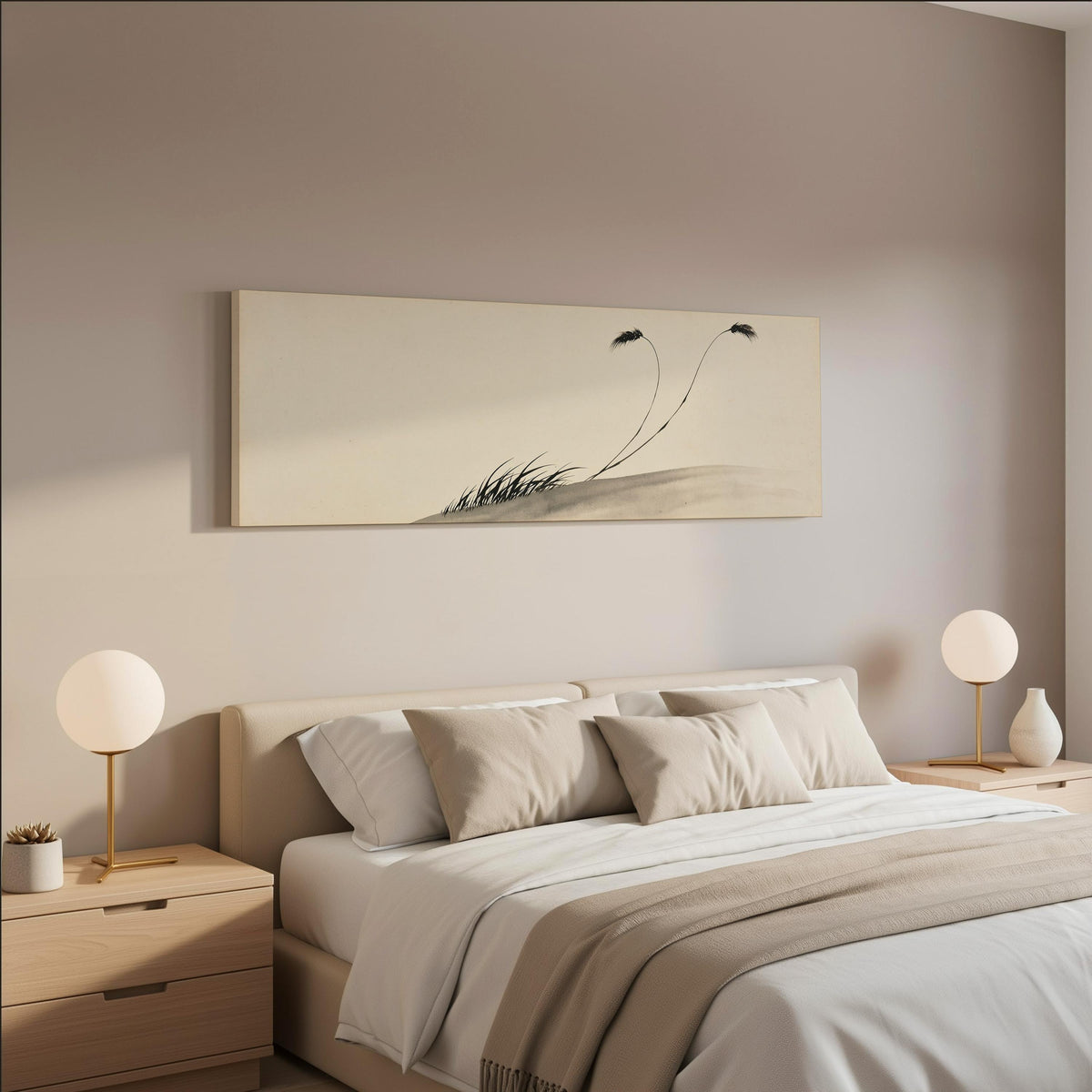 Two birds perched on bending ink reeds wide panoramic canvas print above a bed in a neutral bedroom