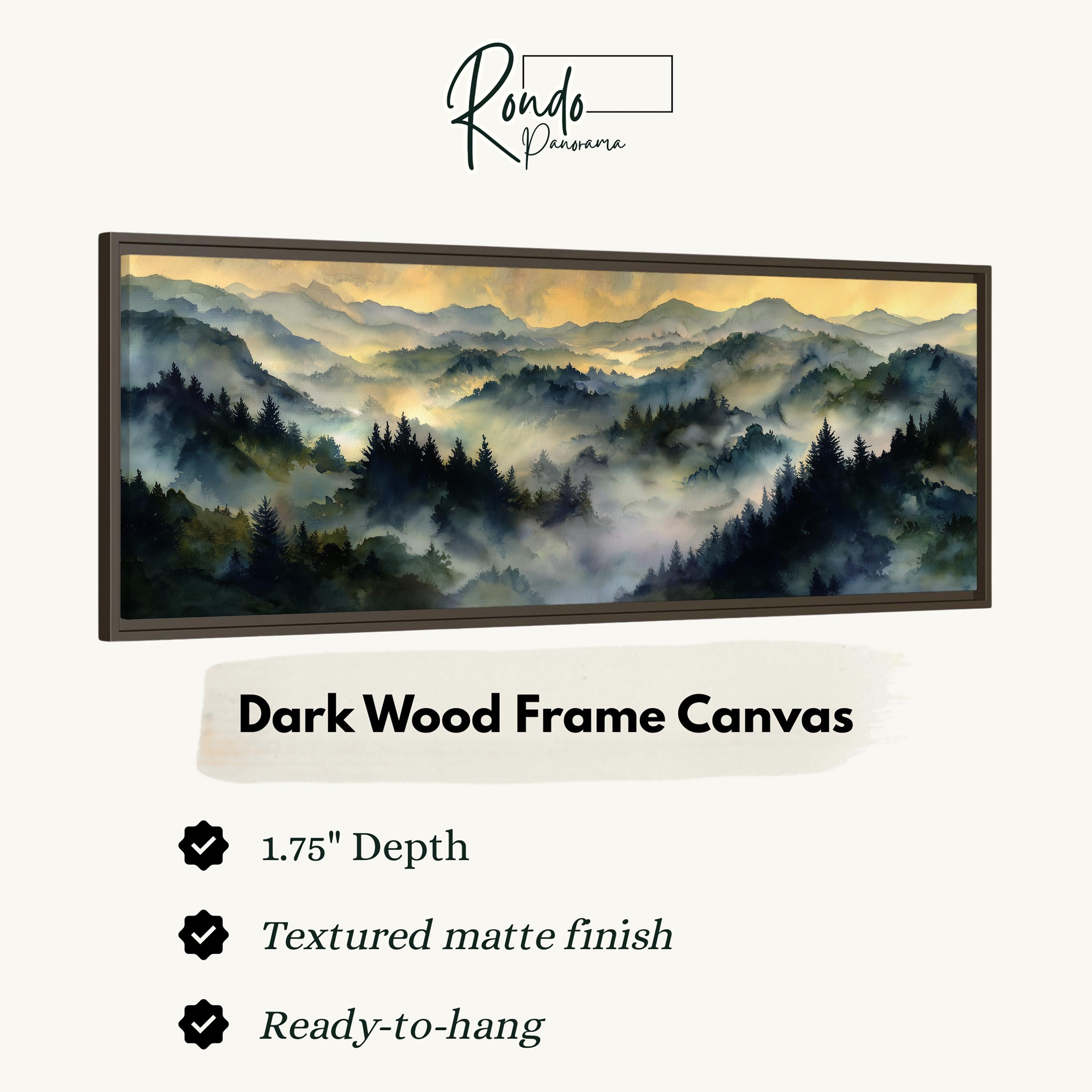 The image is a framed artwork depicting a scenic mountain landscape with a misty, hazy atmosphere.