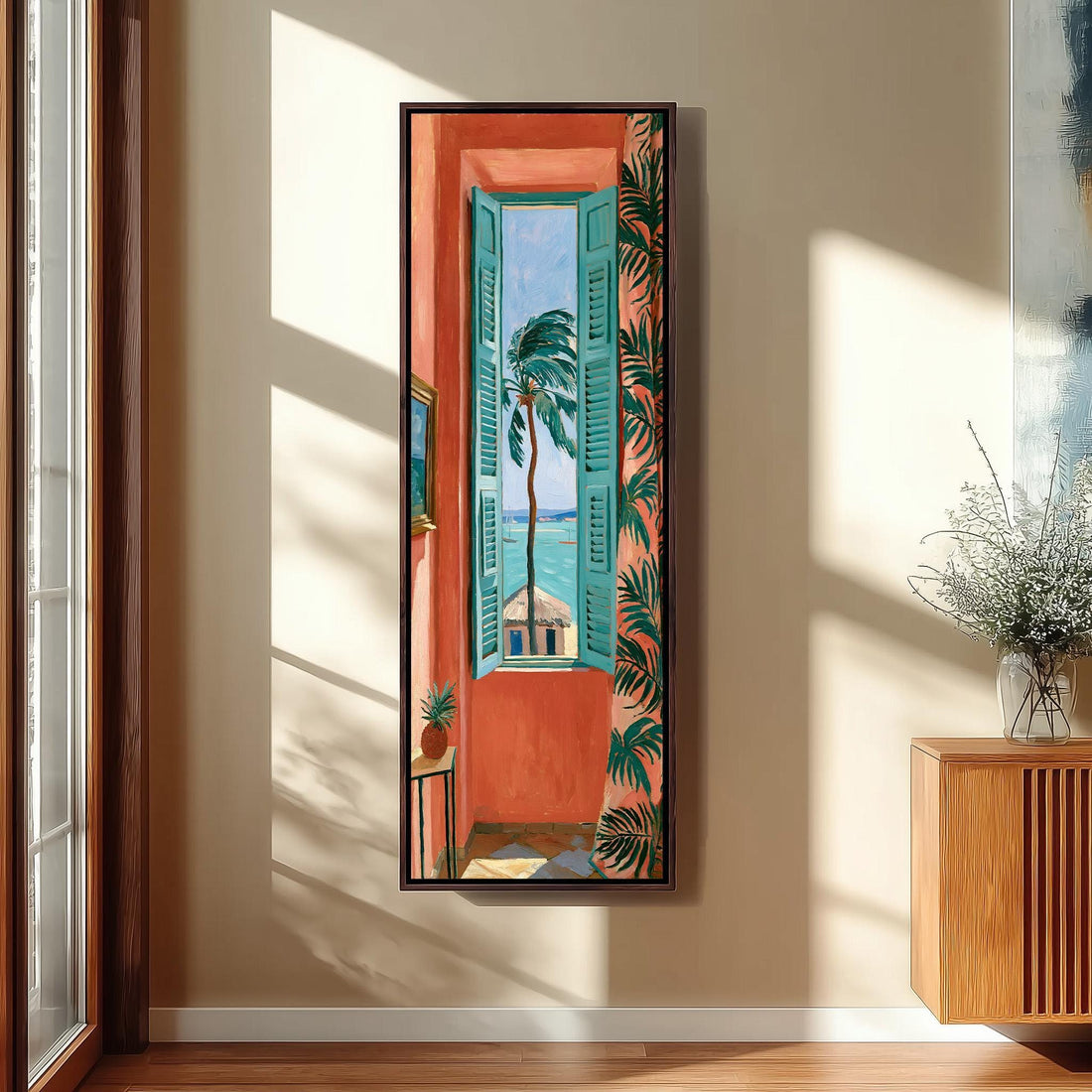 Palm tree and beach through a tall coral room window long vertical canvas print in a sunlit living space