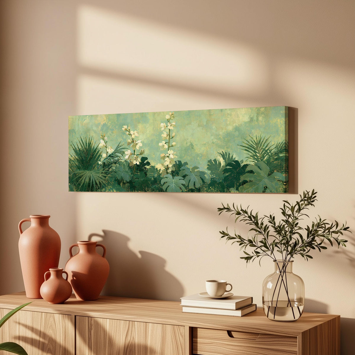 Tropical white blooms in green foliage long horizontal canvas print above a wooden sideboard