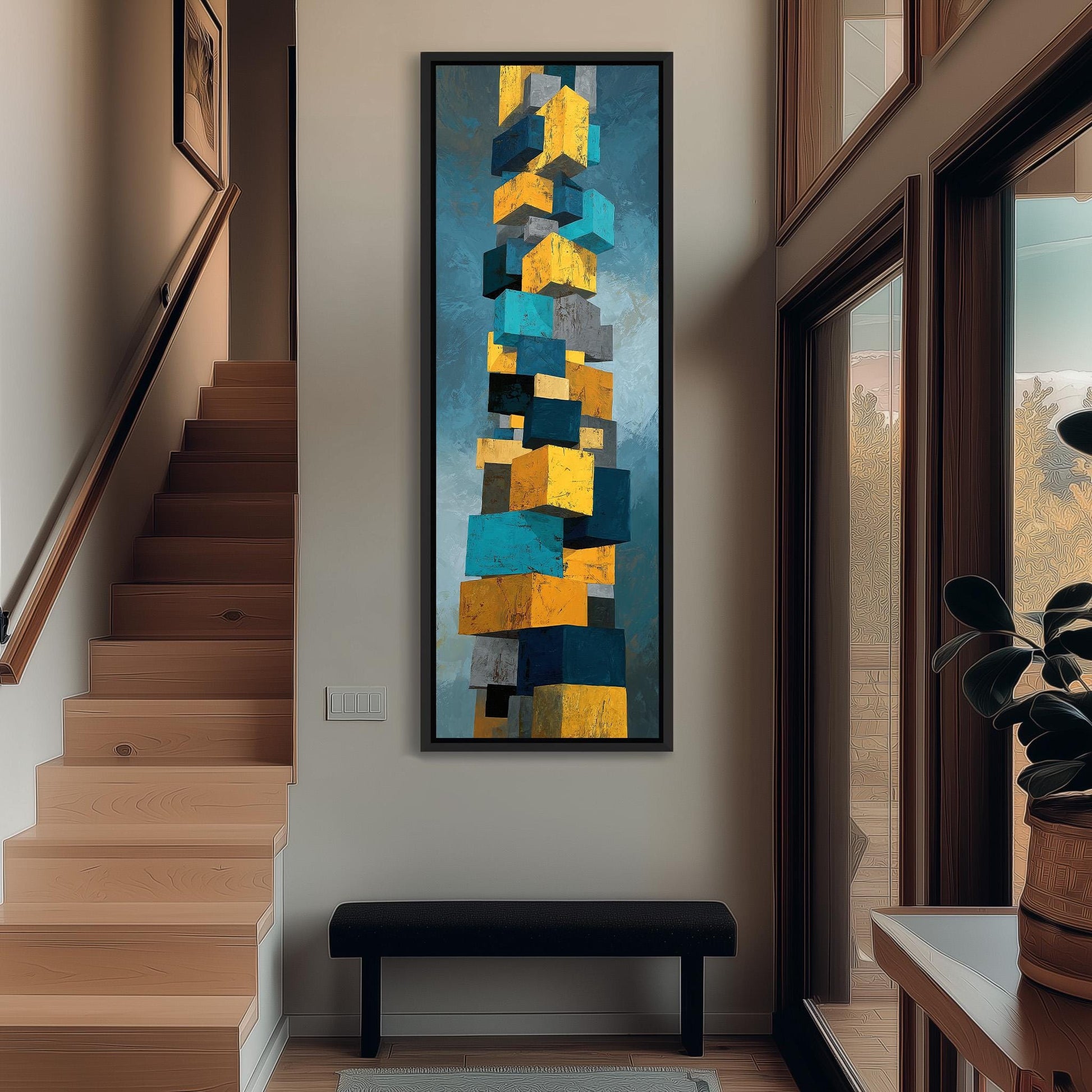 a modern art piece with a tall, abstract painting hanging on the wall. The painting consists of various geometric shapes in different colors, creating a visually striking and contemporary design. The room has a wooden staircase, a bench, and a potted plant, contributing to the overall aesthetic and atmosphere of the space.