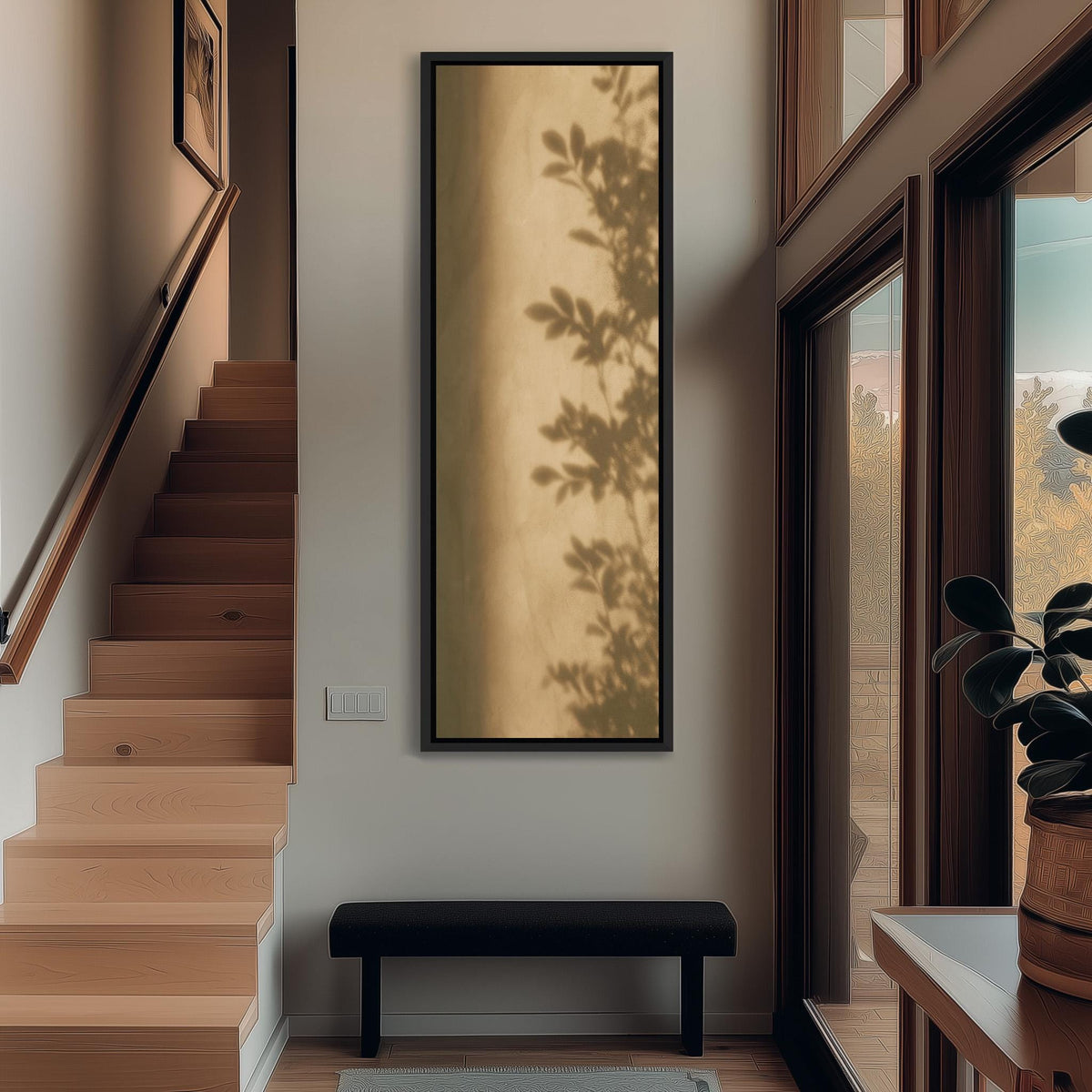 Eucalyptus leaf shadow on a sepia wall long vertical canvas print in a bright reading corner