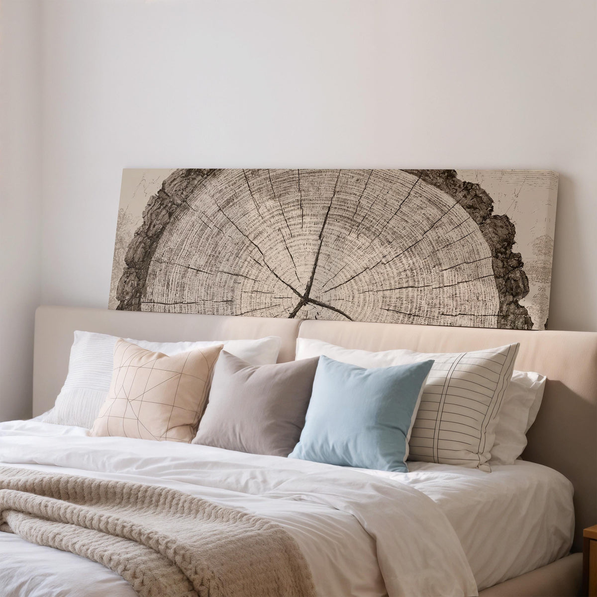 Sepia tree ring with radial cracks wide panoramic canvas print above a bed in a bedroom