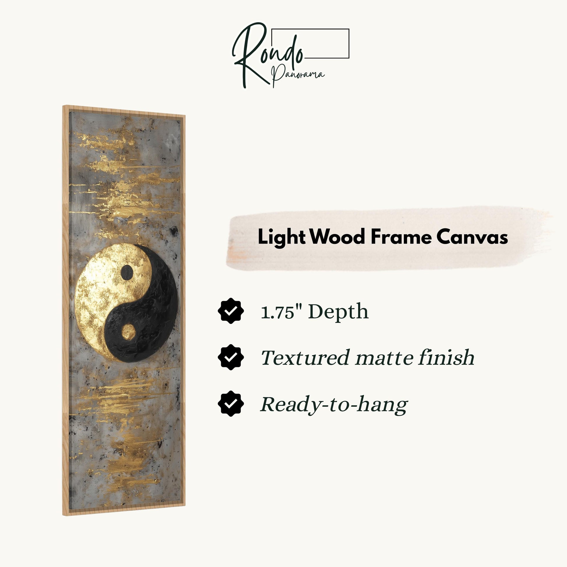 The image is a product description for a light wood frame canvas. It features a yin and yang symbol, a popular symbol of balance and harmony, and provides details about the product's features, such as the 1.75" depth, textured matte finish, and ready-to-hang nature.