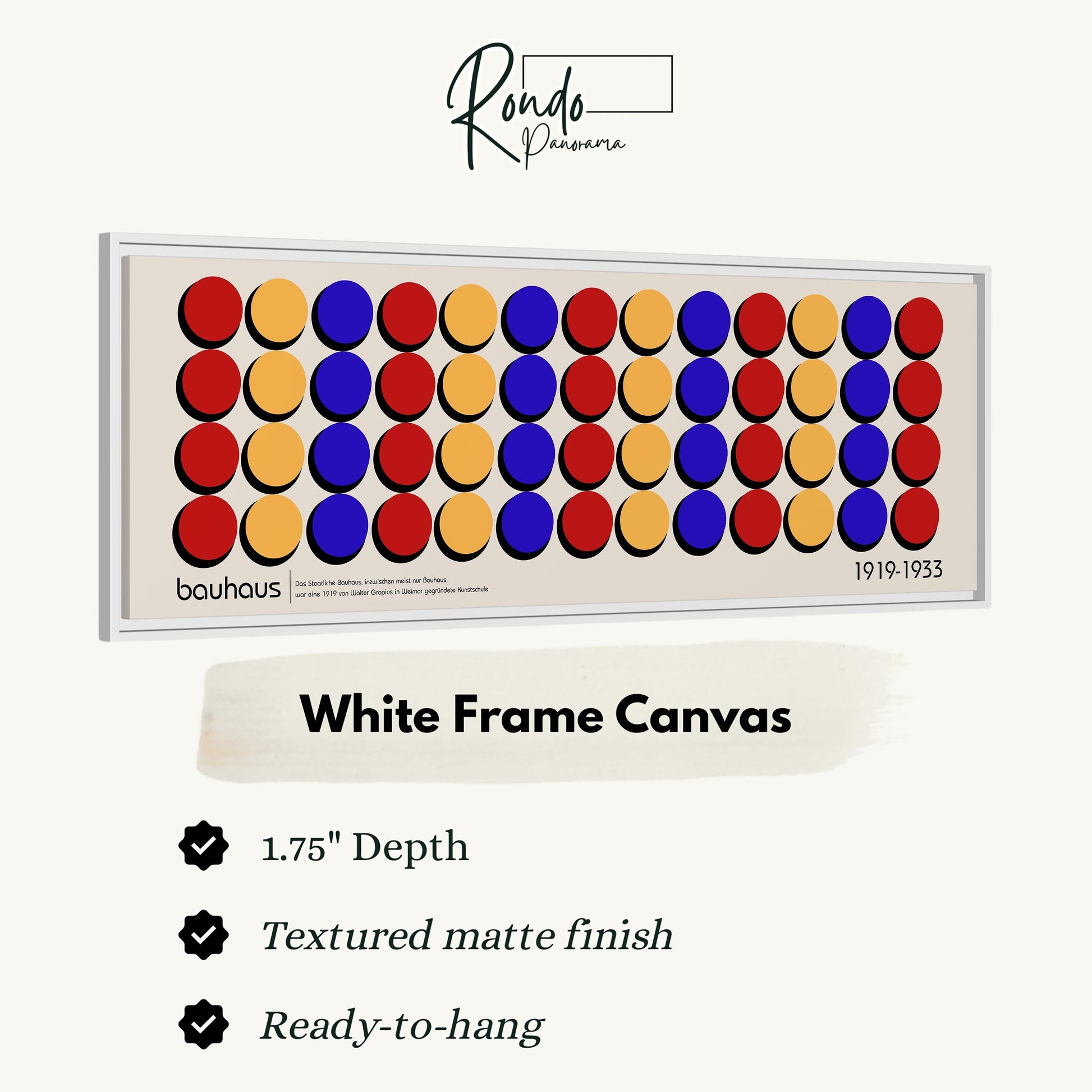 The image is a framed canvas with a repeating pattern of circles in various colors, including red, blue, yellow, and orange. The canvas has a 1.75" depth and is textured with a matte finish. It is ready to hang and is described as a "White Frame Canvas" with a "Rando D'Arco" logo.