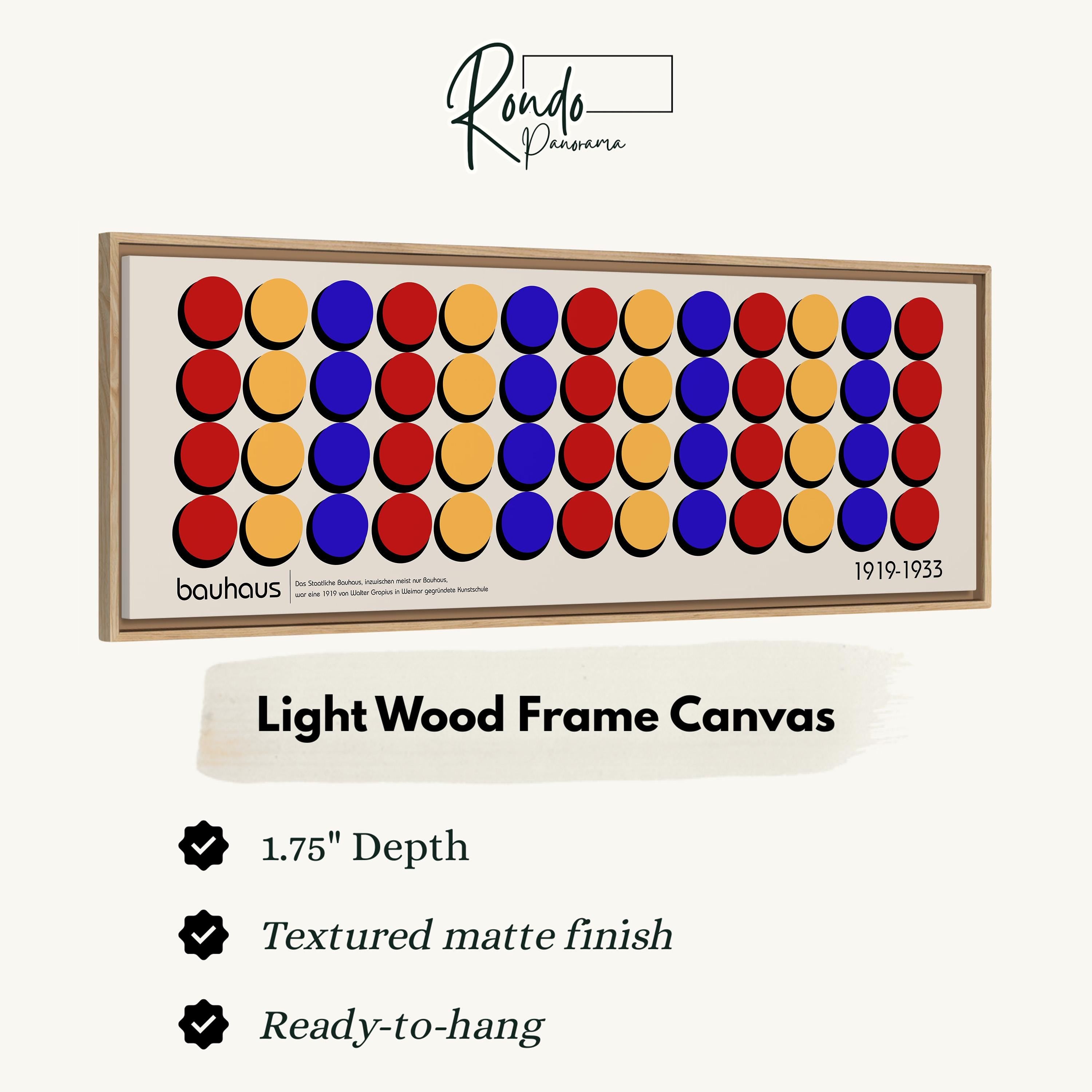 The image is a framed artwork featuring a repeating pattern of colorful circles on a light wood frame.