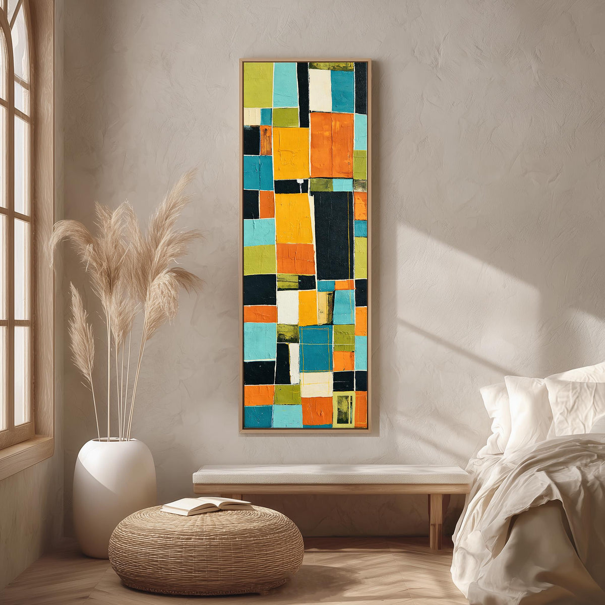 Bold mustard and teal patchwork blocks long vertical canvas print in a bright reading corner
