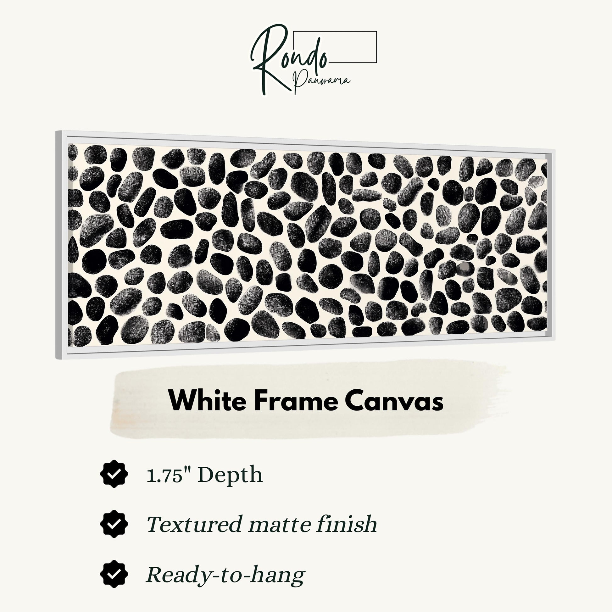 The image is a product description for a white frame canvas. It features a close-up of a white frame canvas with a black and white abstract pattern, and provides details about the product, including its dimensions, finish, and hanging capabilities.