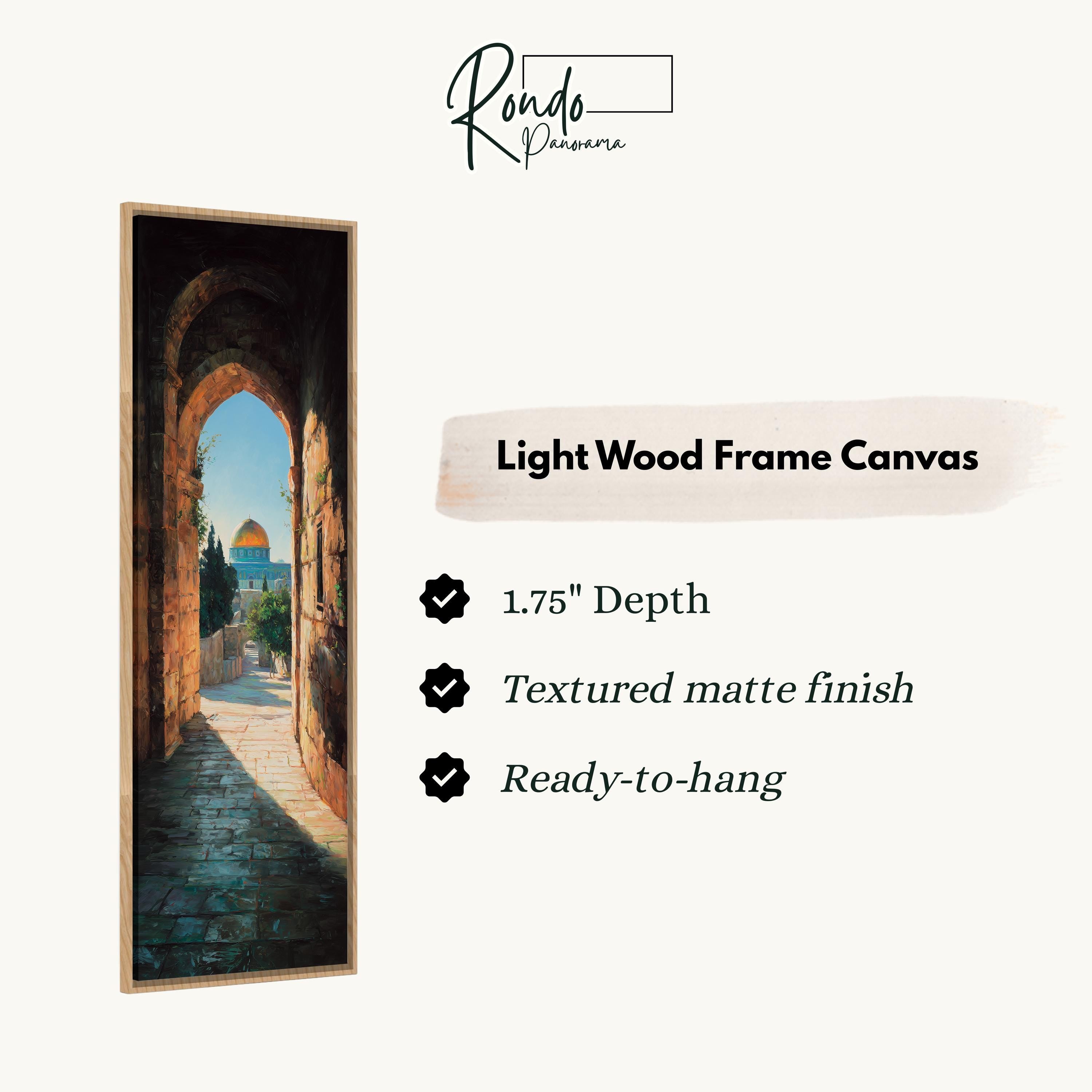 The image is a framed painting depicting an archway leading to a courtyard with a dome in the distance.