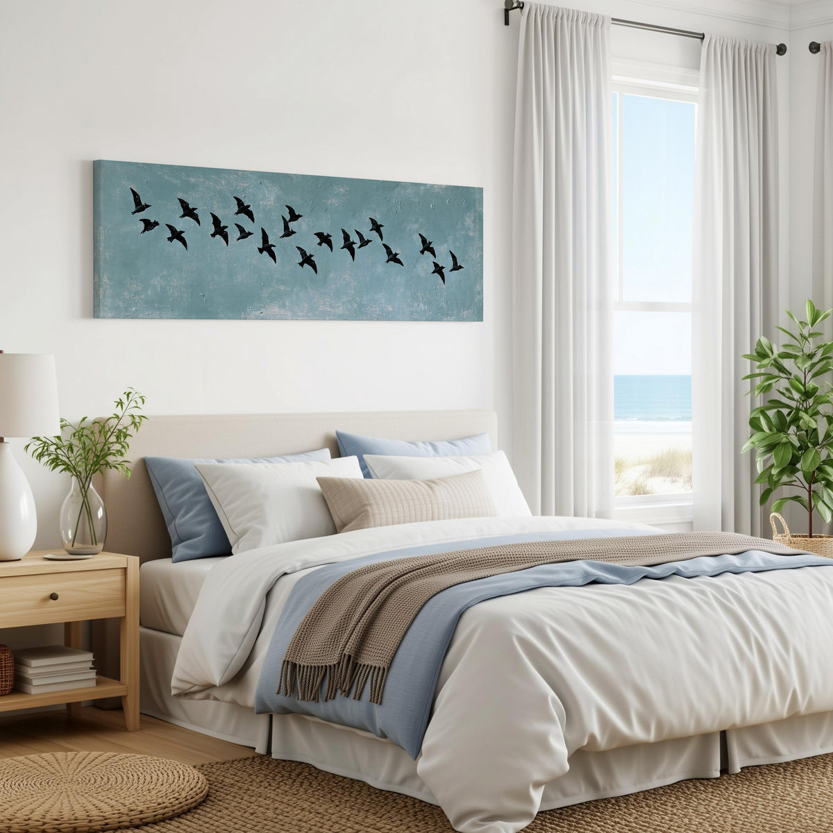 Flock of black birds on a teal sky panoramic canvas print above a bed in a coastal bedroom